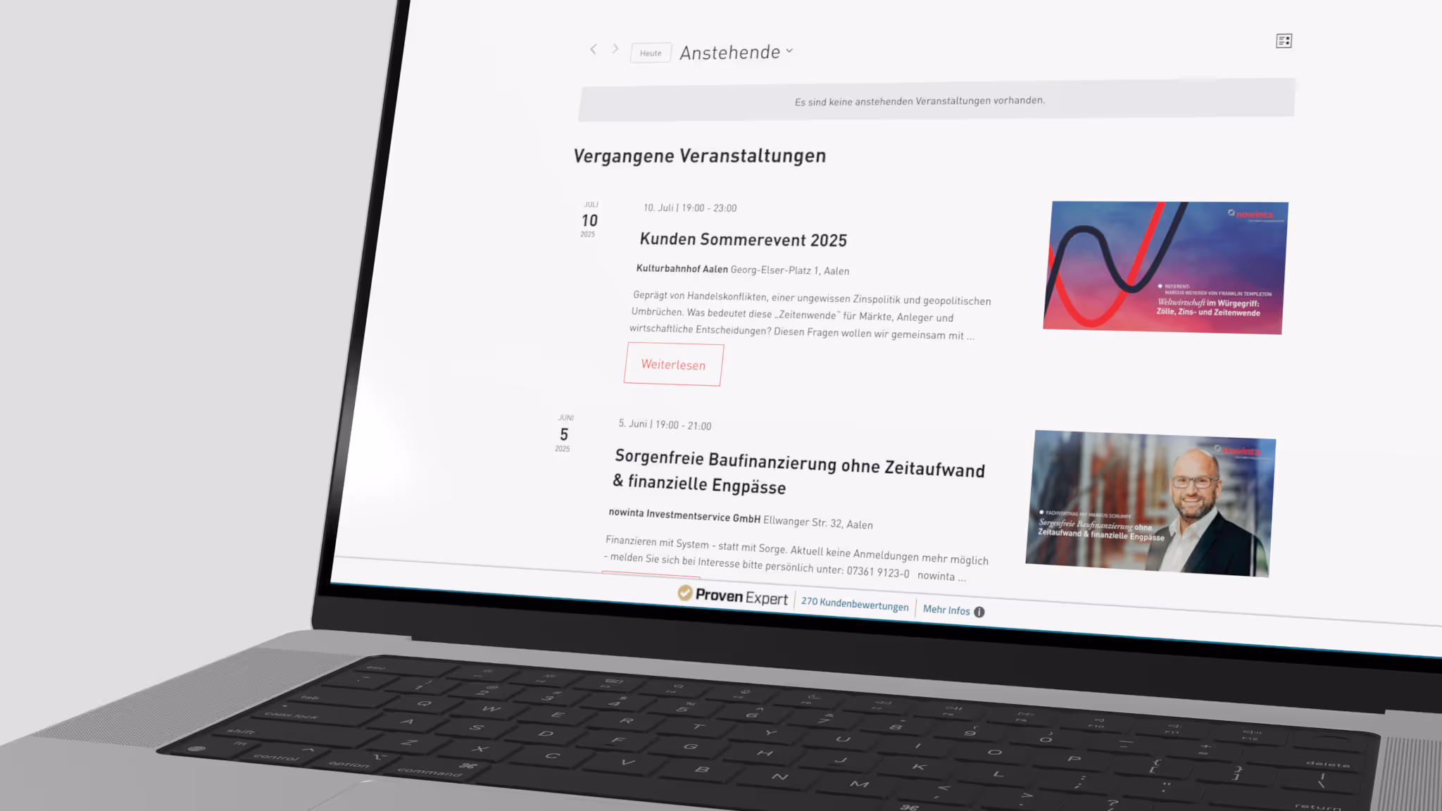 Der Verantstaltungskalender auf der Website von nowinta auf einem Macbook