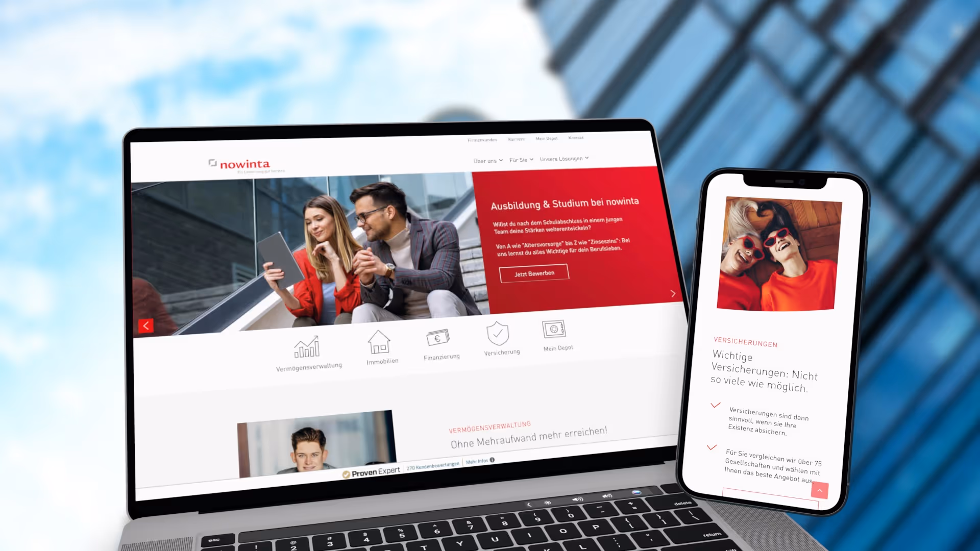 Ein MacBook und ein iPhone zeigen die Website von nowinta.de