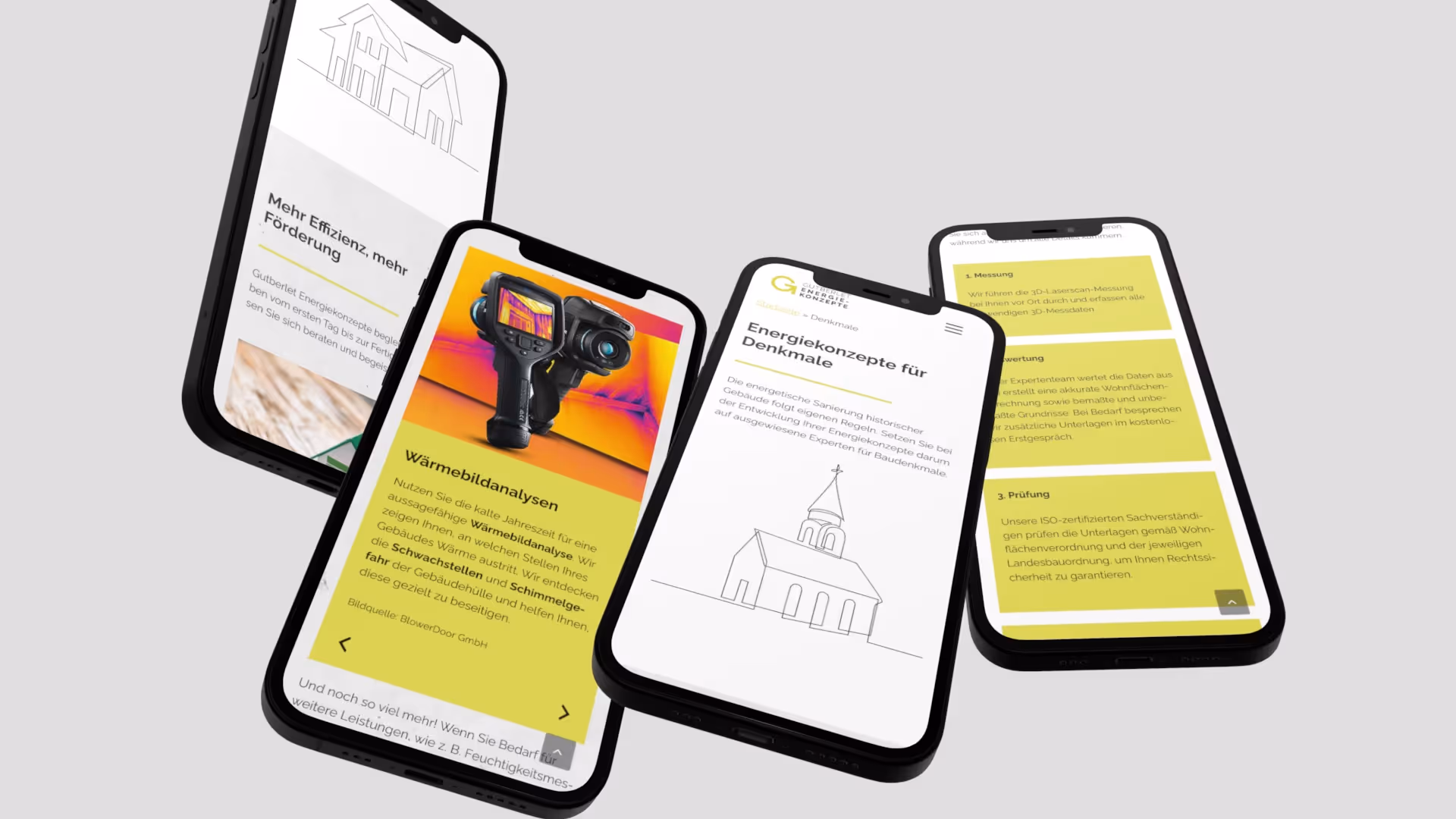 4 fliegende Smartphones zeigen unterschiedliche Ausschnitte der relaunchten Website