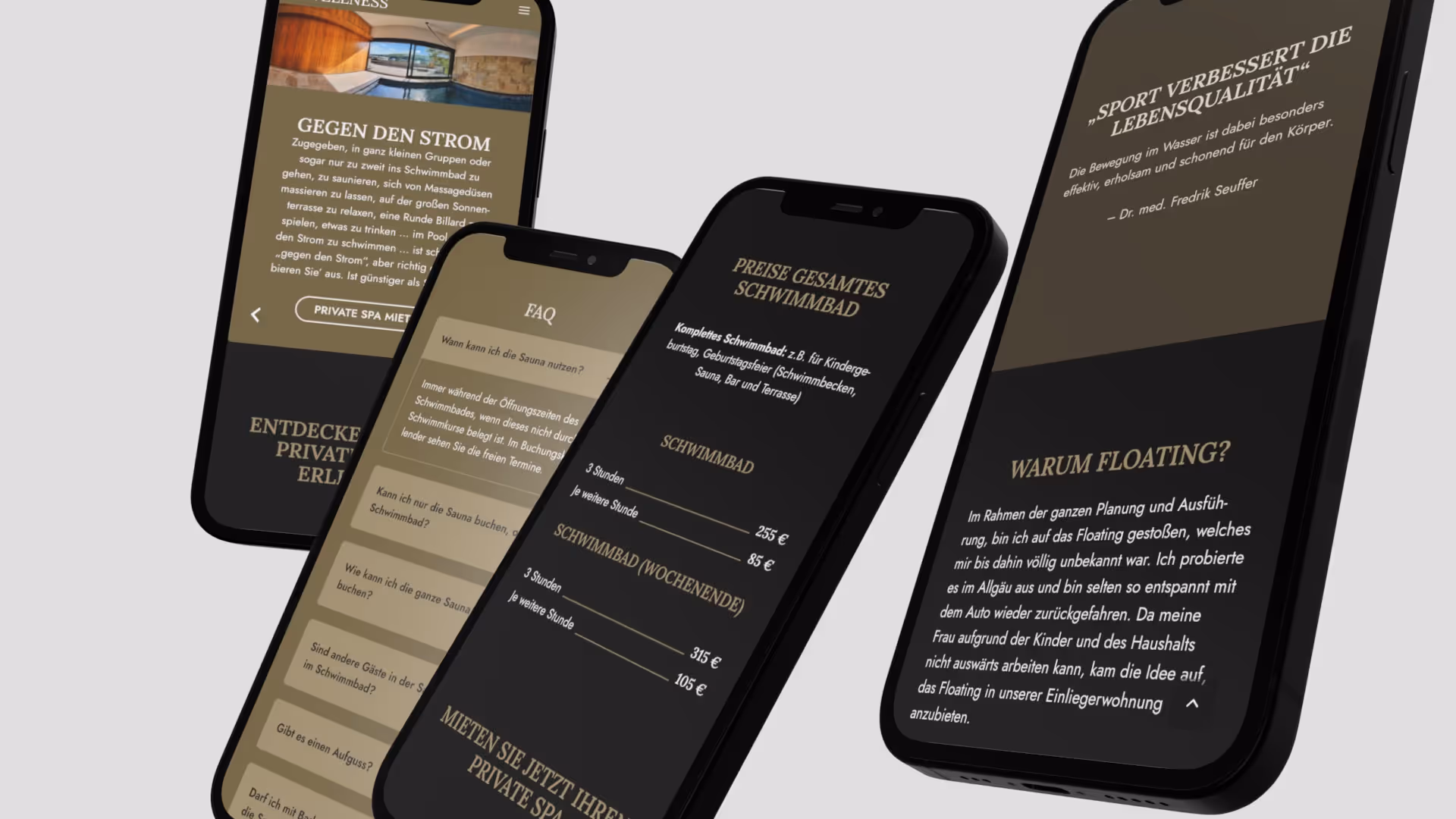 4 schwebende Smartphones zeigen unterschiedliche Ausschnitte aus der Website von Floating Wellness