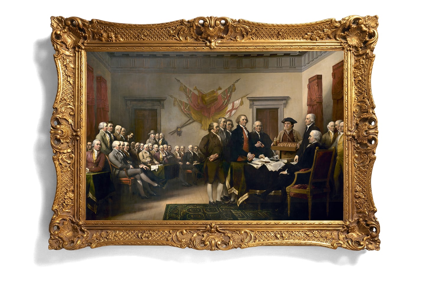 As the Founding Fathers sign the Declaration of Independence, the apocryphal Uncle Frank, an AI creation, offers a tray of hot dogs.