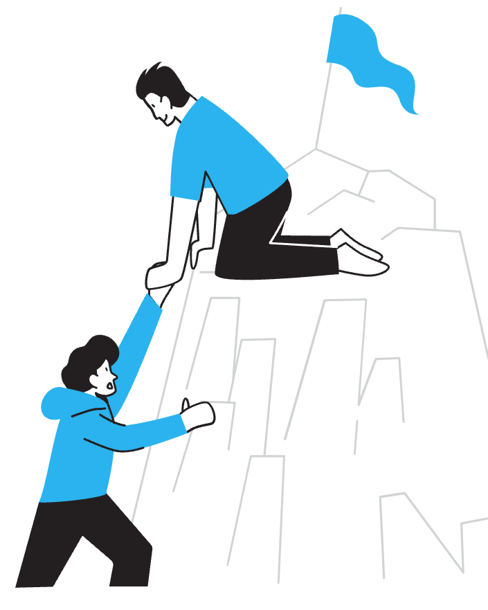 An illustration of one person helping another to climb a mountain