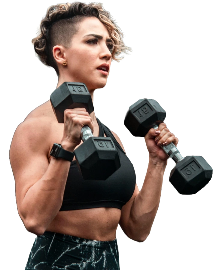 A young woman lifting dumbbells and looking awesome.