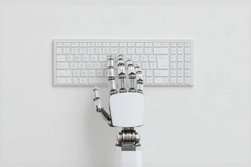Robotic hand typing on a sleek white keyboard, illustrating Purplecore Tech’s expertise in AI automation, intelligent workflows, and digital transformation solutions.