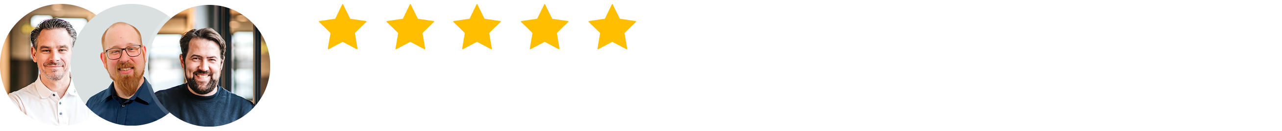 Three smiling men in circles next to five gold stars and German text about 20+ satisfied IT companies.
