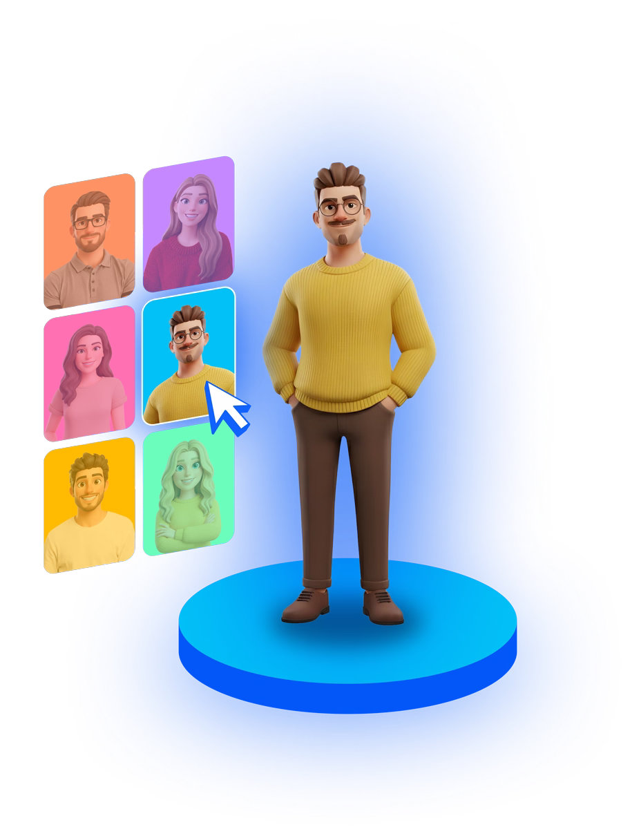 3D cartoon man in yellow sweater stands next to a blue screen with avatars and a mouse cursor.