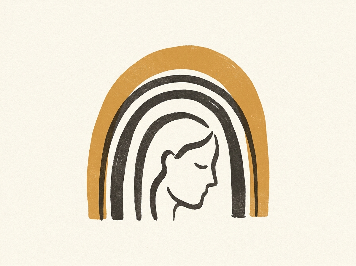 Ink drawing of concentric arcs layered around a small figure, one arc traced in amber