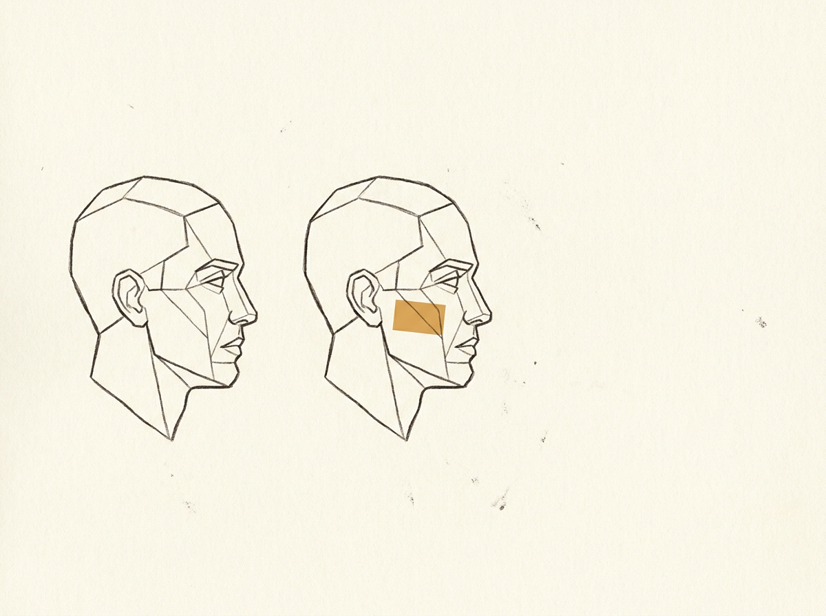 Ink drawing of two nearly identical portraits side by side, one marked with a small amber flaw