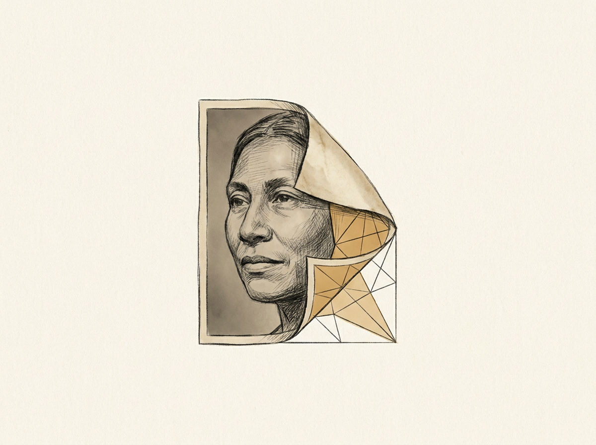 Ink drawing of a photograph peeling away from a wall, revealing a second face beneath
