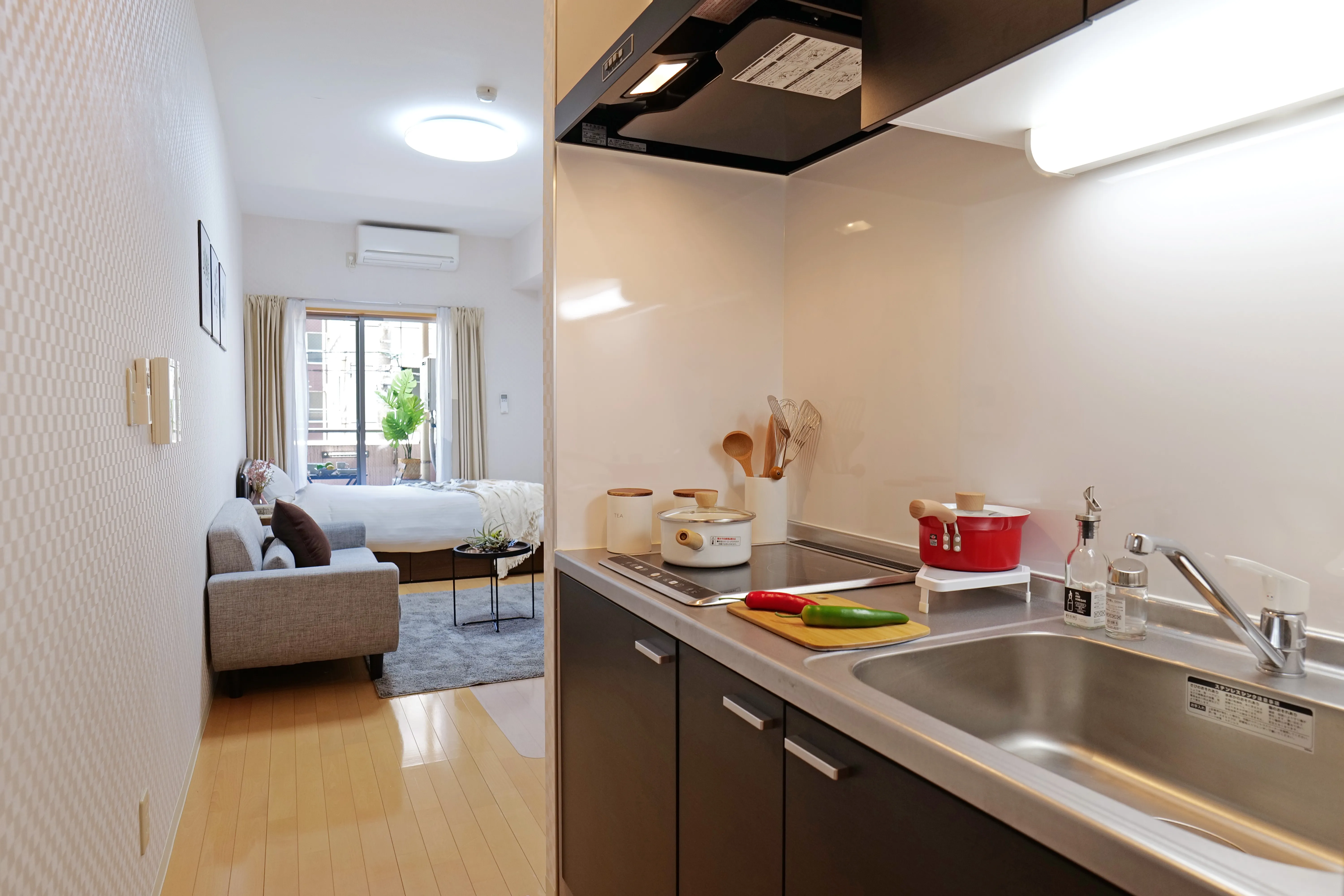 Compact kitchen with induction stove, sink, and top-bottom storage cabinets.