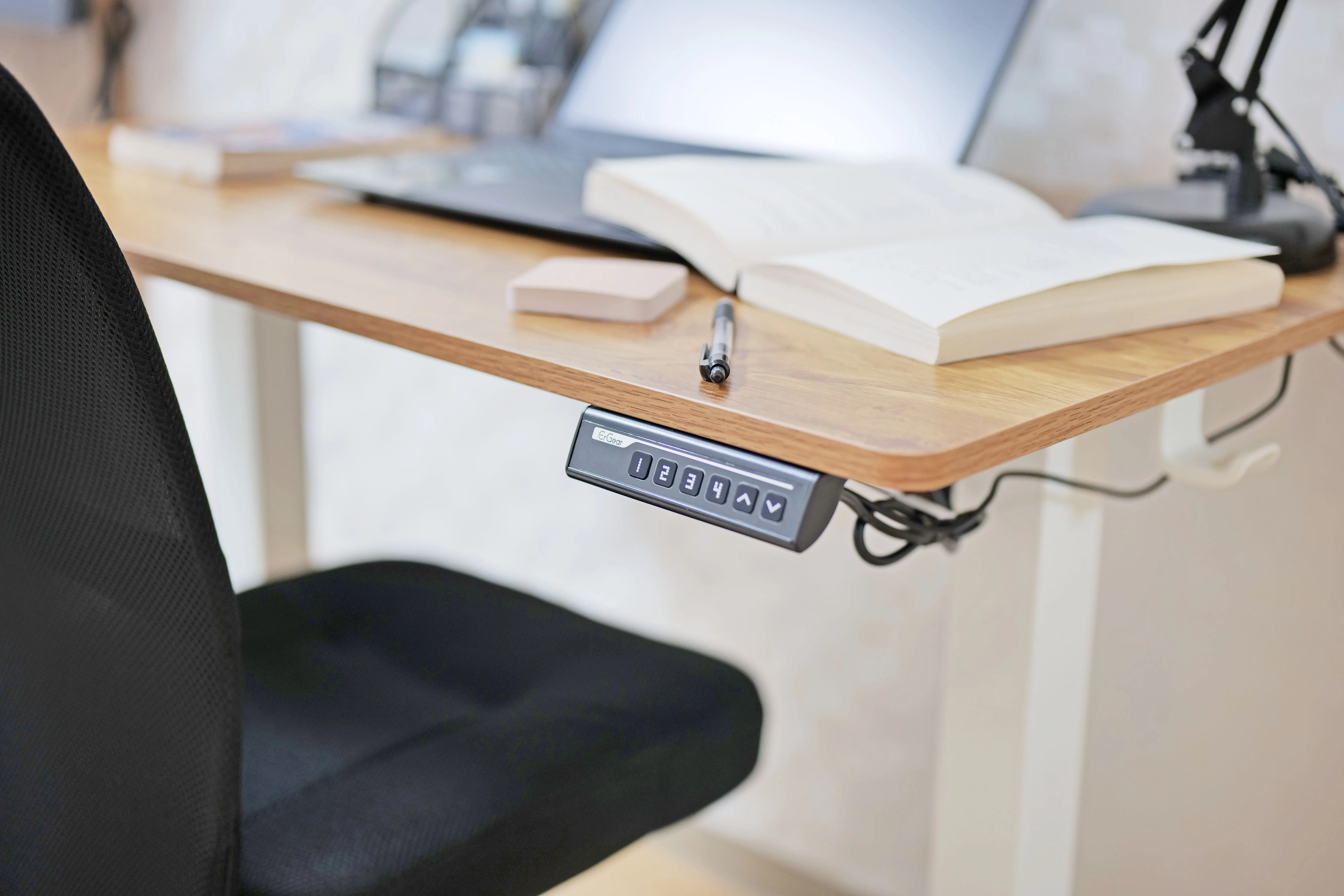 Adjustable electric study desk with height control — easily switch between sitting and standing positions. Perfect for home offices, studying, or remote work. Sleek, ergonomic, and built for comfort and productivity.