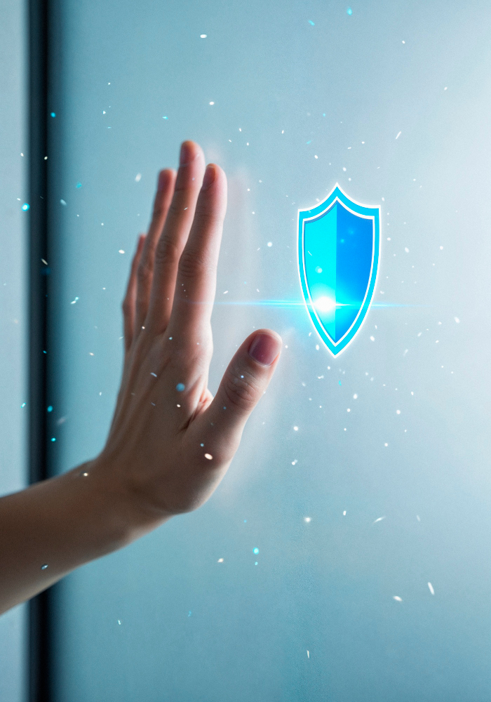 Mano interactuando con una pantalla táctil digital, simbolizando la interfaz de usuario de sistemas de gestión de datos.