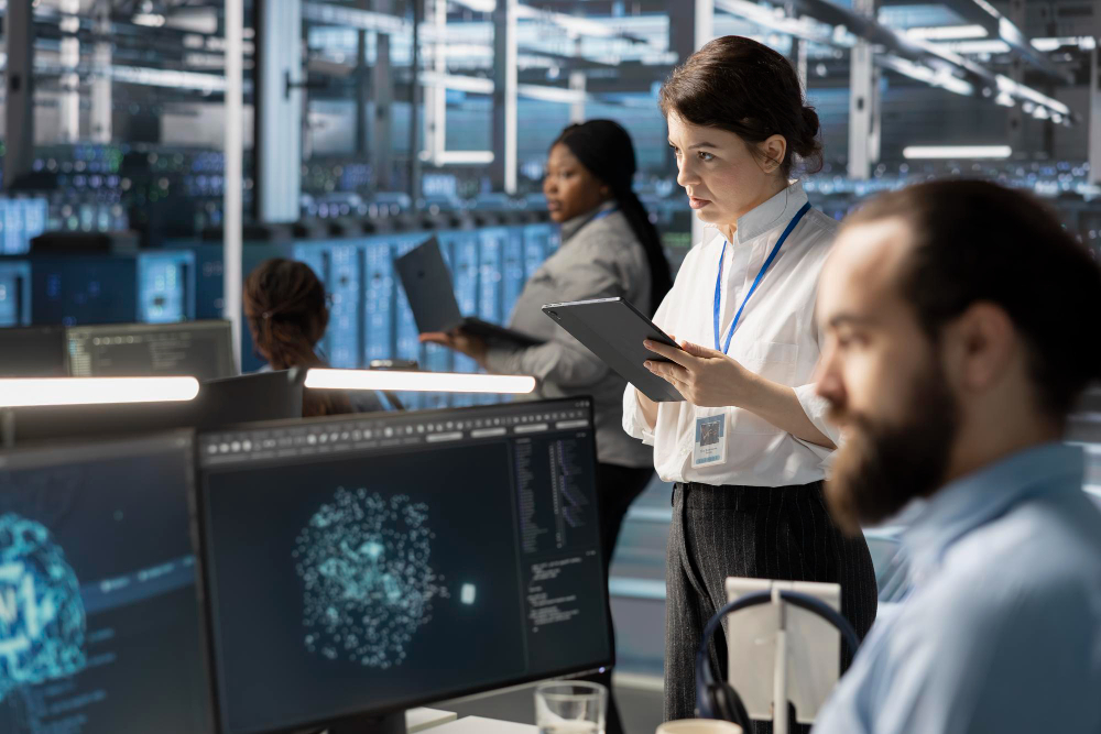 System administrators in a data center integrating AI-powered automation tools, optimizing infrastructure.