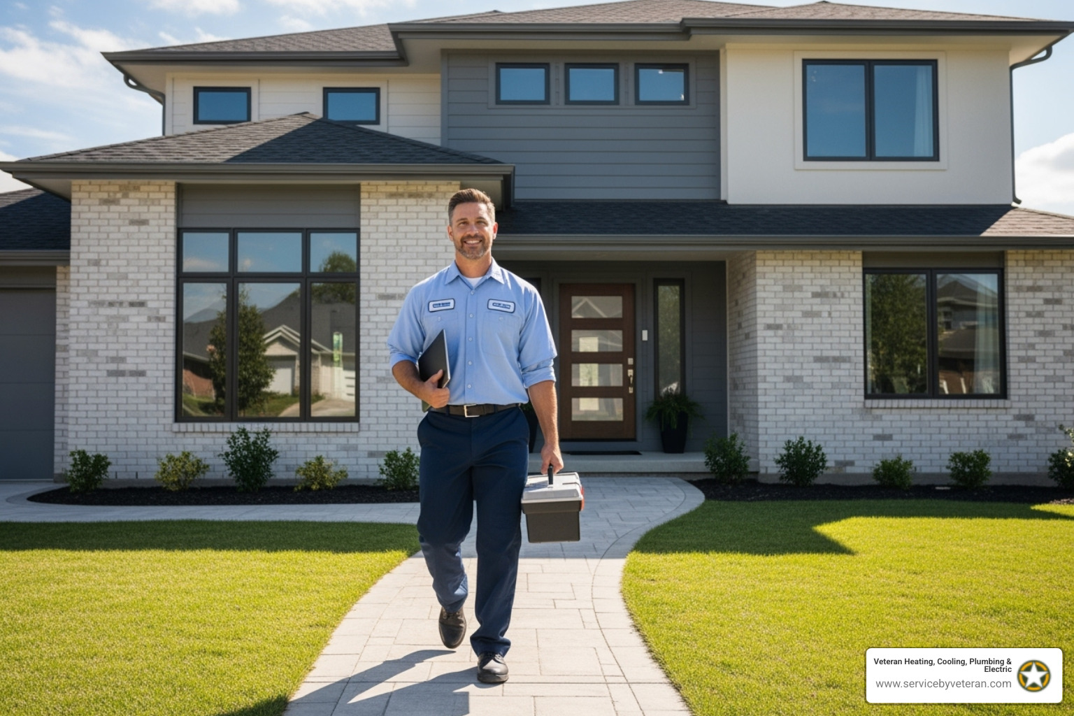 Imagen de un técnico profesional y amigable llegando a una casa - reparación de HVAC 24 horas