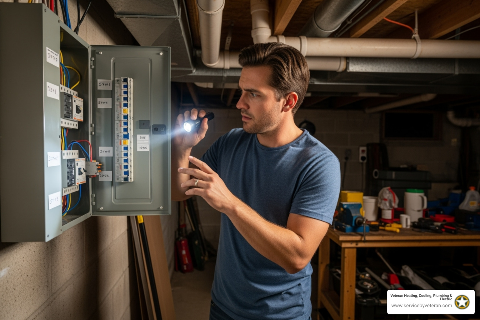 Imagen de un propietario revisando de manera segura un panel de interruptores - reparación de HVAC 24 horas