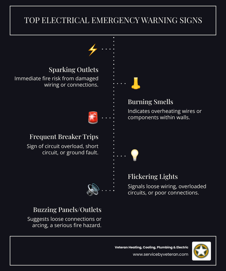 Infografía que muestra las principales señales de advertencia de emergencias eléctricas, incluidos enchufes chisporroteantes, olores a quemado, frecuentes disparos de interruptores automáticos, luces parpadeantes y sonidos zumbantes de paneles eléctricos con tiempos de respuesta y protocolos de seguridad - infografía de electricista 24/7