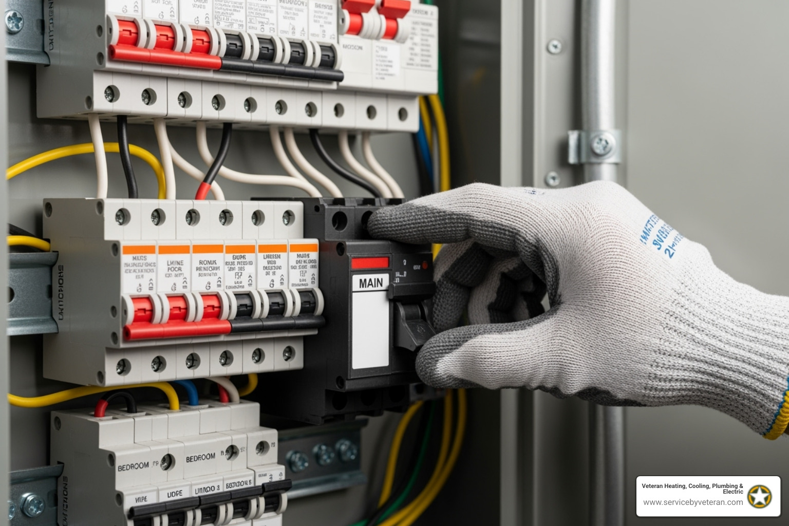 Imagen de una persona apagando de manera segura un panel de interruptores principales - electricista 24/7