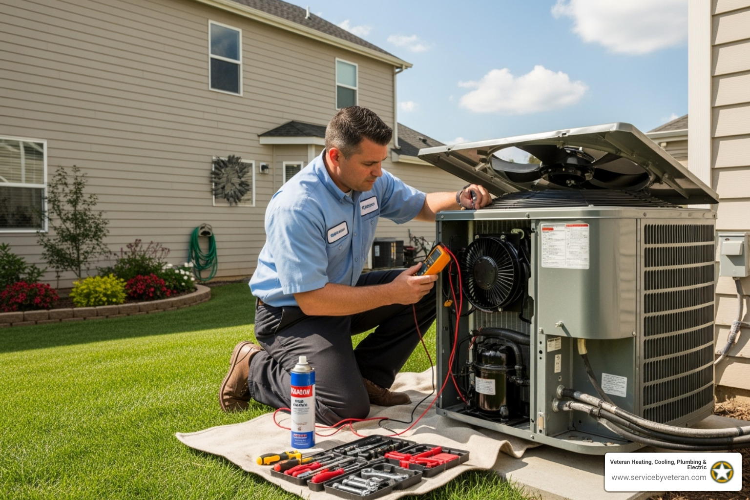 technician performing routine maintenance on an AC unit - ac installation contractor