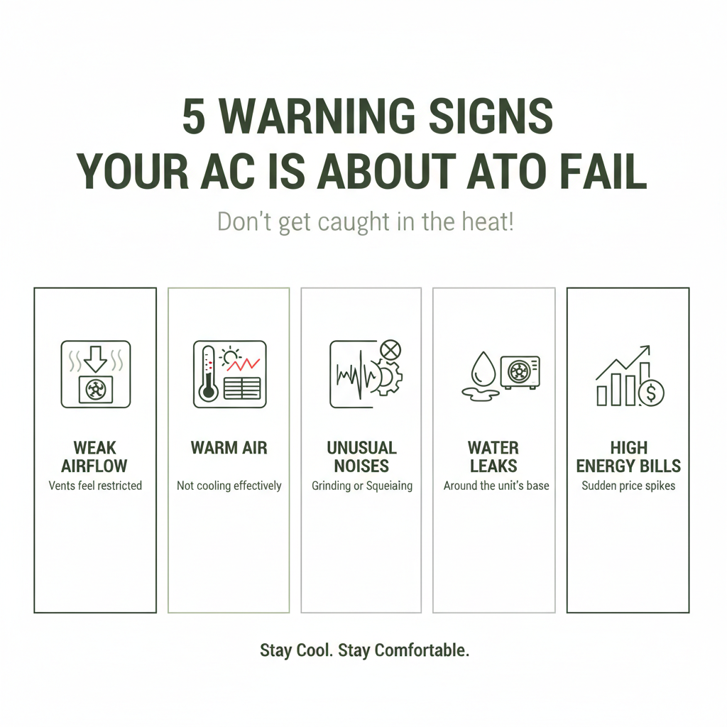 Infografía que muestra los 5 principales signos de advertencia de que su aire acondicionado está a punto de fallar: flujo de aire débil de los conductos, aire caliente en lugar de aire frío, ruidos inusuales de crujidos o chirridos, fugas de agua alrededor de la unidad y aumentos repentinos en las facturas de energía - infografía de reparación de aire acondicionado cerca de mí