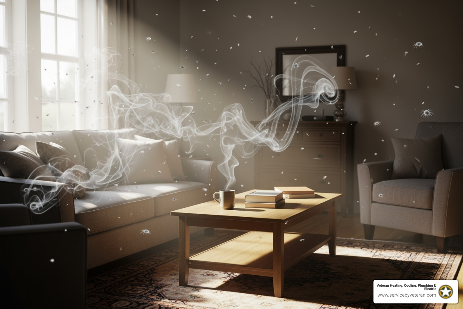 ilustrando contaminantes invisibles como COV y ácaros del polvo en una habitación - mejora de la calidad del aire