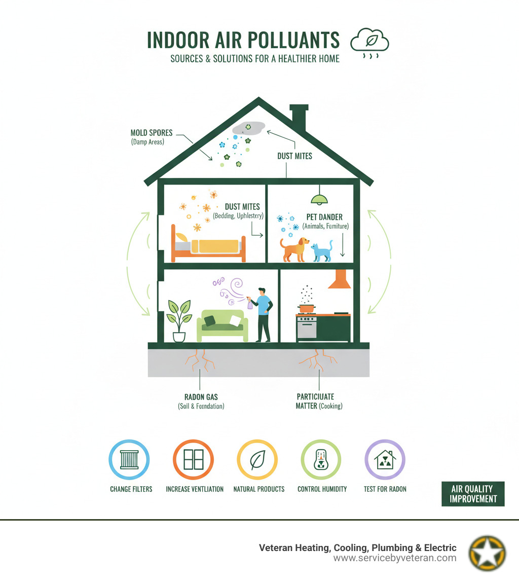 Infografía completa que muestra los contaminantes del aire interior más comunes, incluidos los ácaros del polvo, la caspa de mascotas, compuestos orgánicos volátiles de productos de limpieza, esporas de moho, materia particulada de la cocina y gas radón que se filtra de los cimientos, con sus fuentes típicas a lo largo de un diseño de casa en sección transversal - infografía de mejora de la calidad del aire
