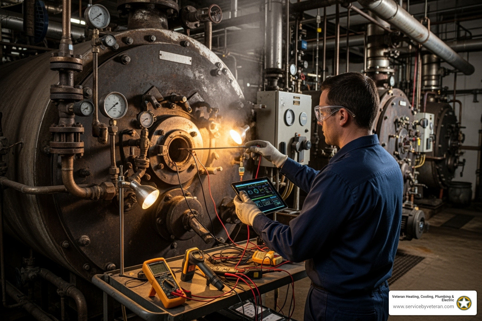A professional technician inspecting a boiler with diagnostic tools - boiler repair