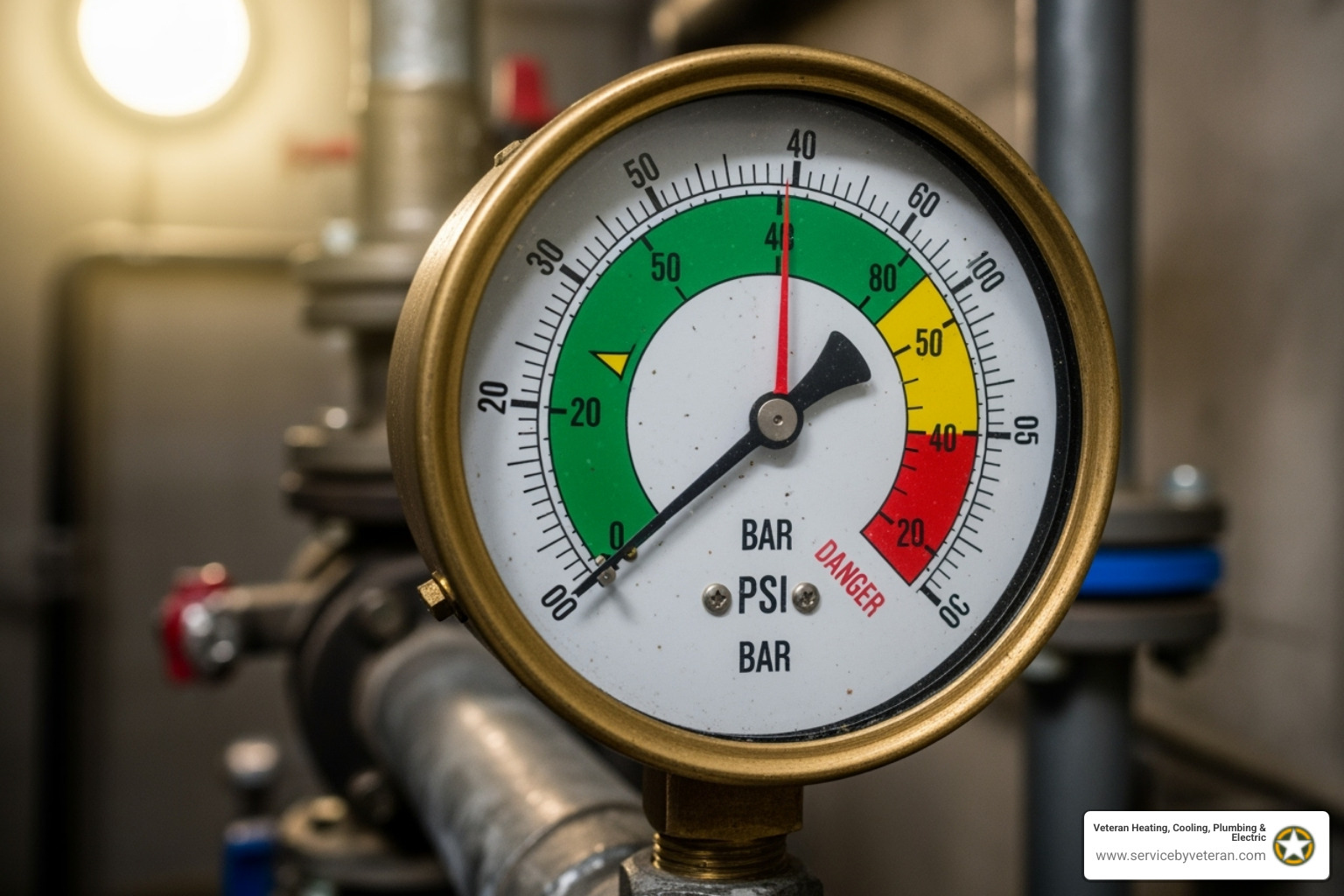 El manómetro de una caldera muestra la aguja en la zona verde correcta - reparación de caldera