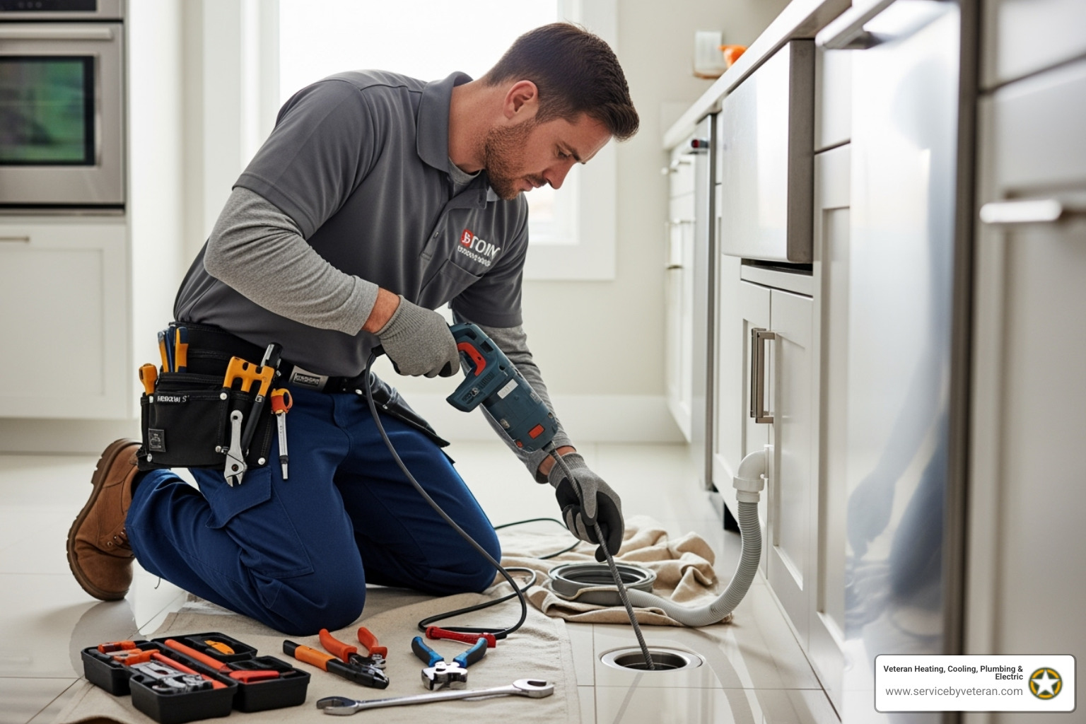 Un fontanero profesional usando una serpiente de desagüe para despejar una obstrucción - limpieza de desagües en Arvada