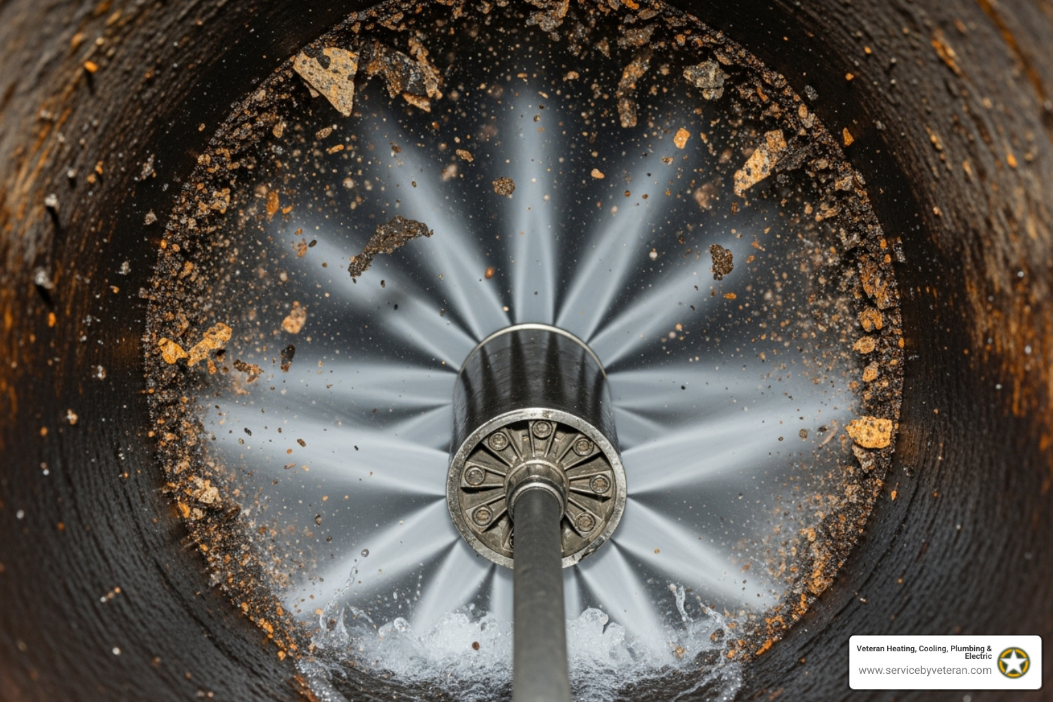 Una boquilla de hidrojet en acción, mostrando agua a alta presión limpiando el interior de una tubería - limpieza de desagües en Arvada