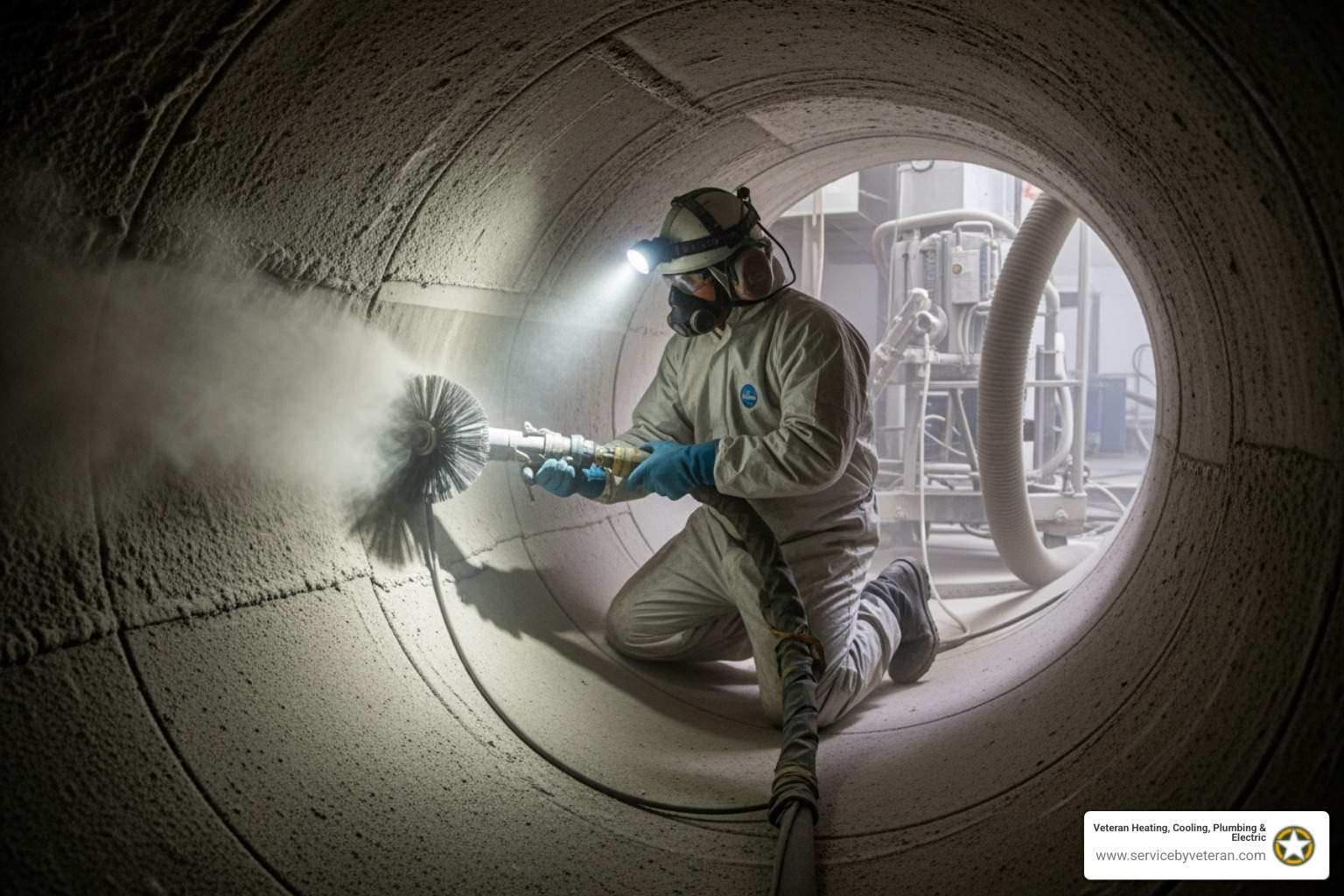 técnico usando una manguera de alta potencia y cepillo dentro de un conducto - servicio de limpieza de conductos