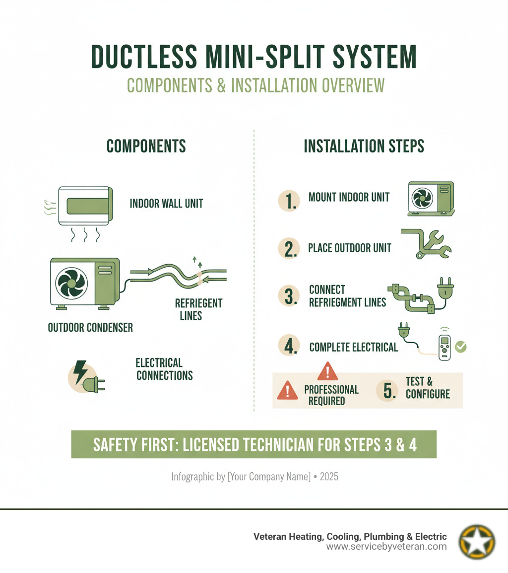 Infografía completa que muestra los componentes del sistema mini-split sin ductos, incluyendo la unidad interior montada en la pared, el condensador exterior, las líneas de refrigerante, las conexiones eléctricas y los pasos de instalación con advertencias de seguridad para requisitos profesionales - infografía de instalación de aire acondicionado sin ductos