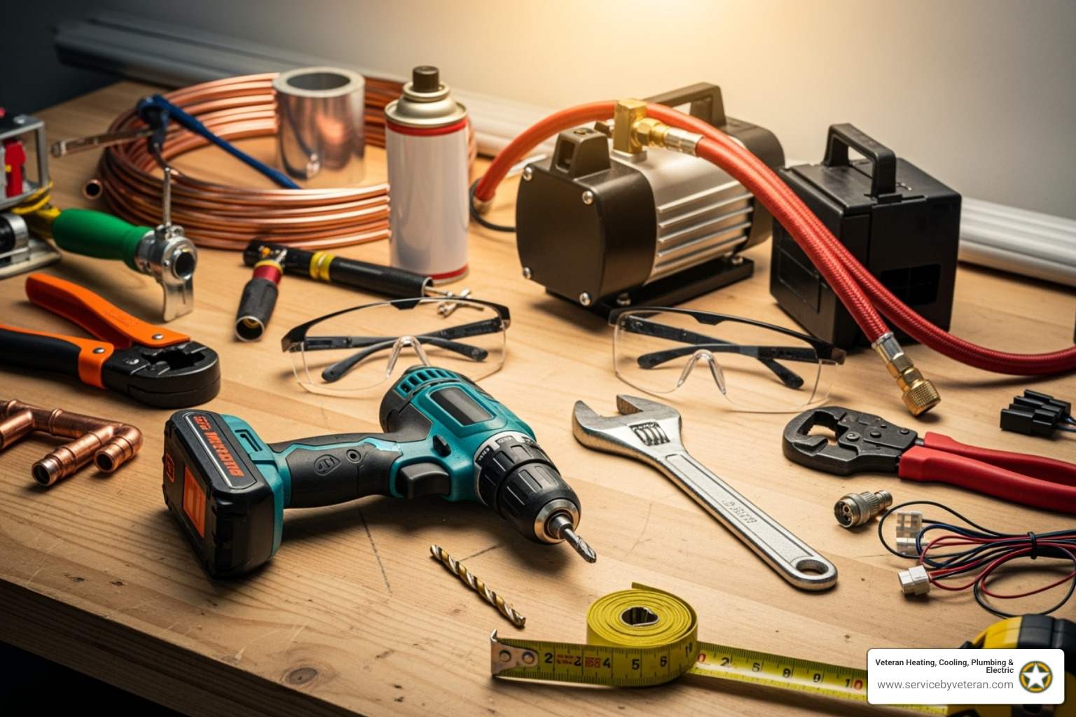 Herramientas y materiales necesarios para una instalación de mini-split dispuestos ordenadamente en un banco de trabajo, incluyendo un taladro, llave, cinta métrica, bomba de vacío y gafas de seguridad - instalación de aire acondicionado sin ductos