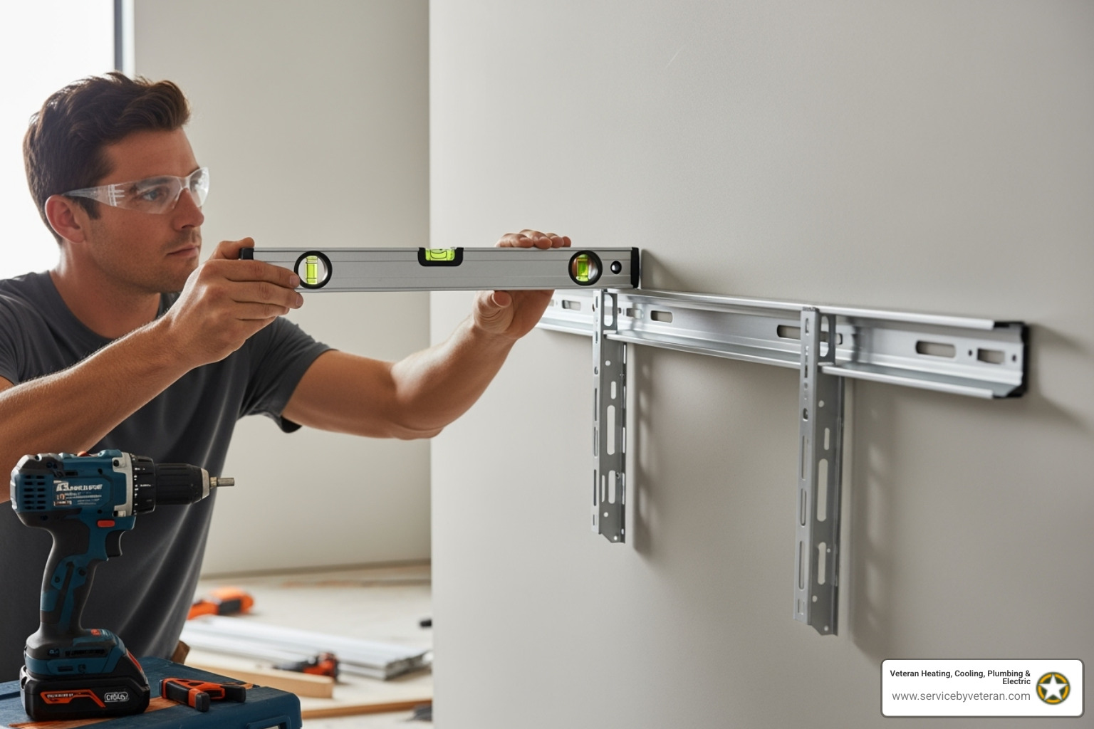 Una persona montando de manera segura el soporte de la unidad interior en una pared con un nivel, asegurándose de que esté perfectamente recto antes de asegurarla - instalación de aire acondicionado sin ductos