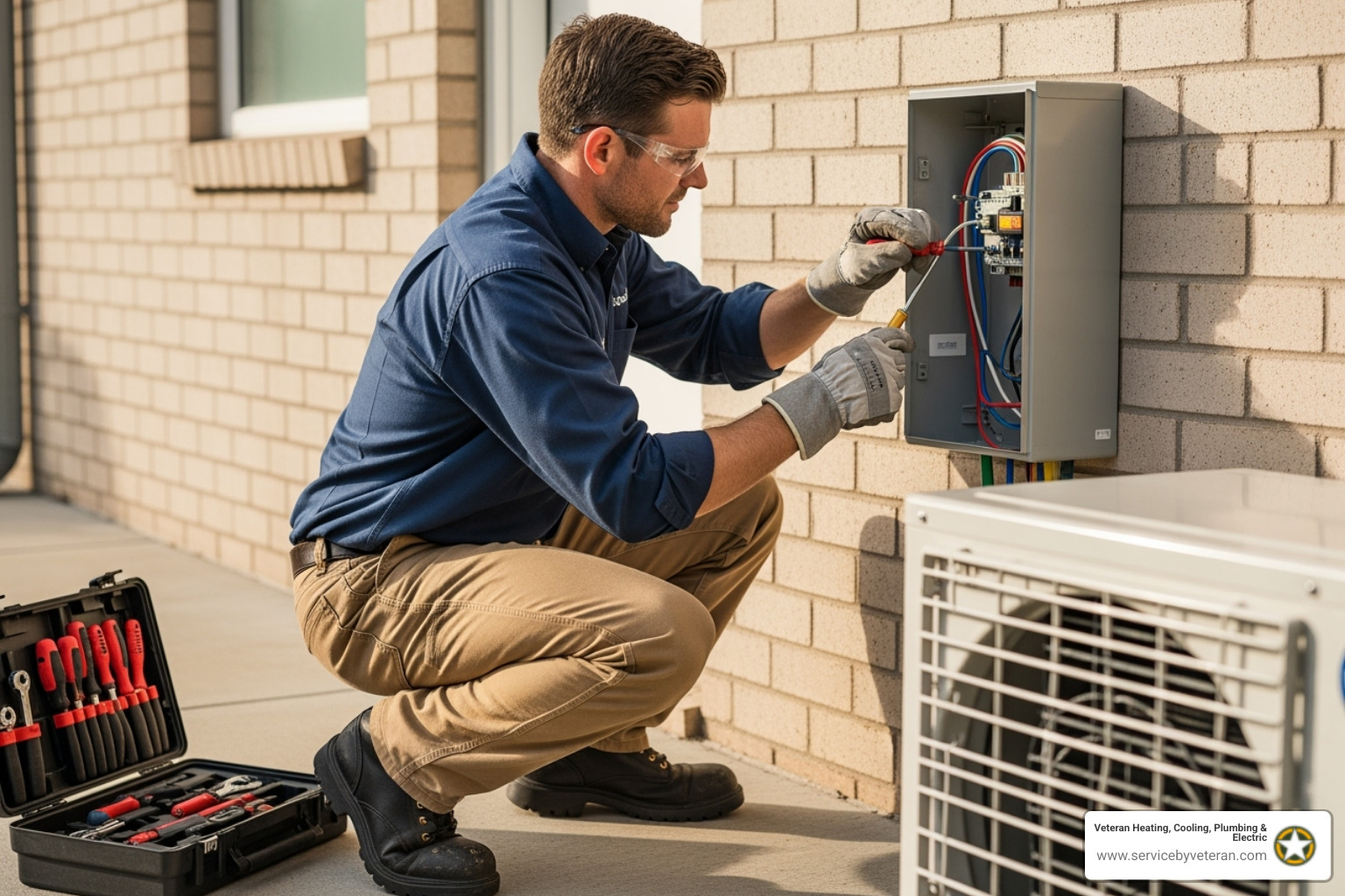 Un electricista licenciado conectando de manera segura el cableado a una caja de desconexión eléctrica exterior para un sistema mini-split, demostrando experiencia profesional - instalación de aire acondicionado sin ductos
