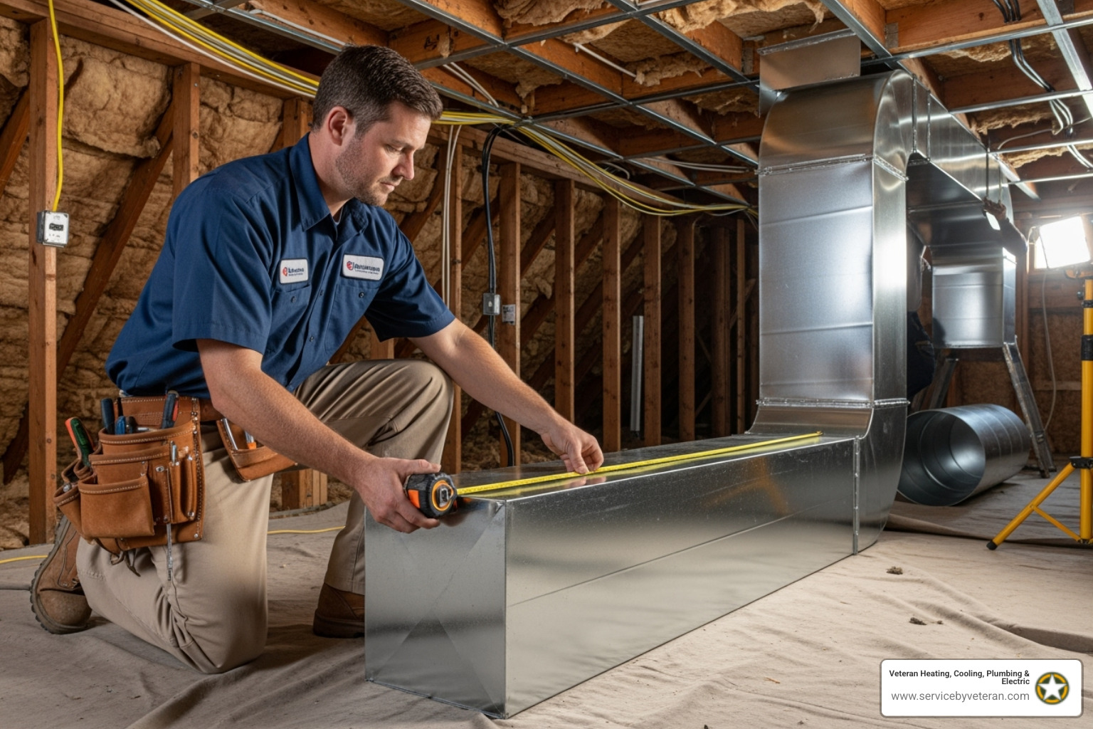 un profesional de HVAC midiendo e instalando una nueva corrida de conductos - reemplazo de conductos