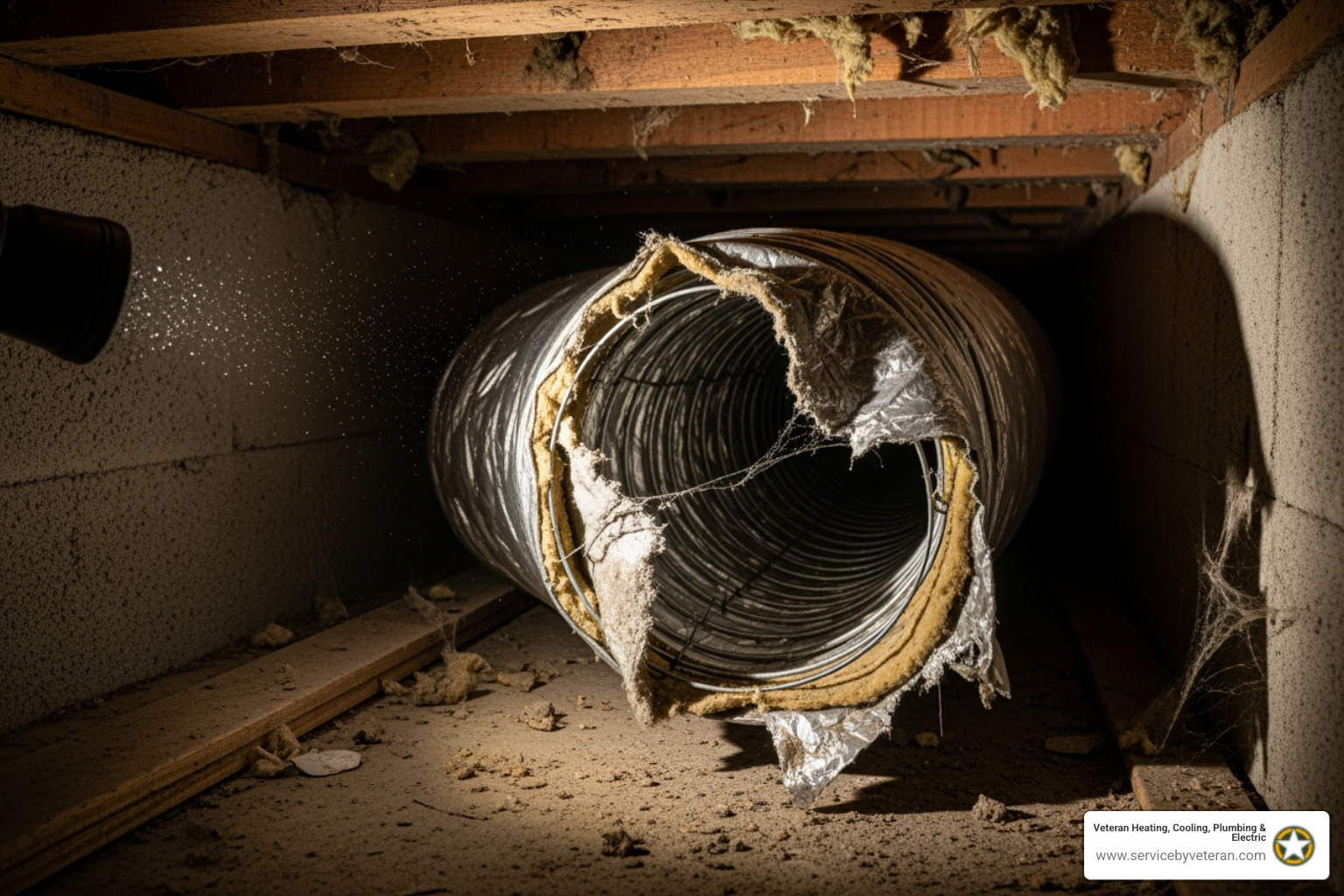 un conducto flexible roto en un espacio de acceso - reemplazo de conductos