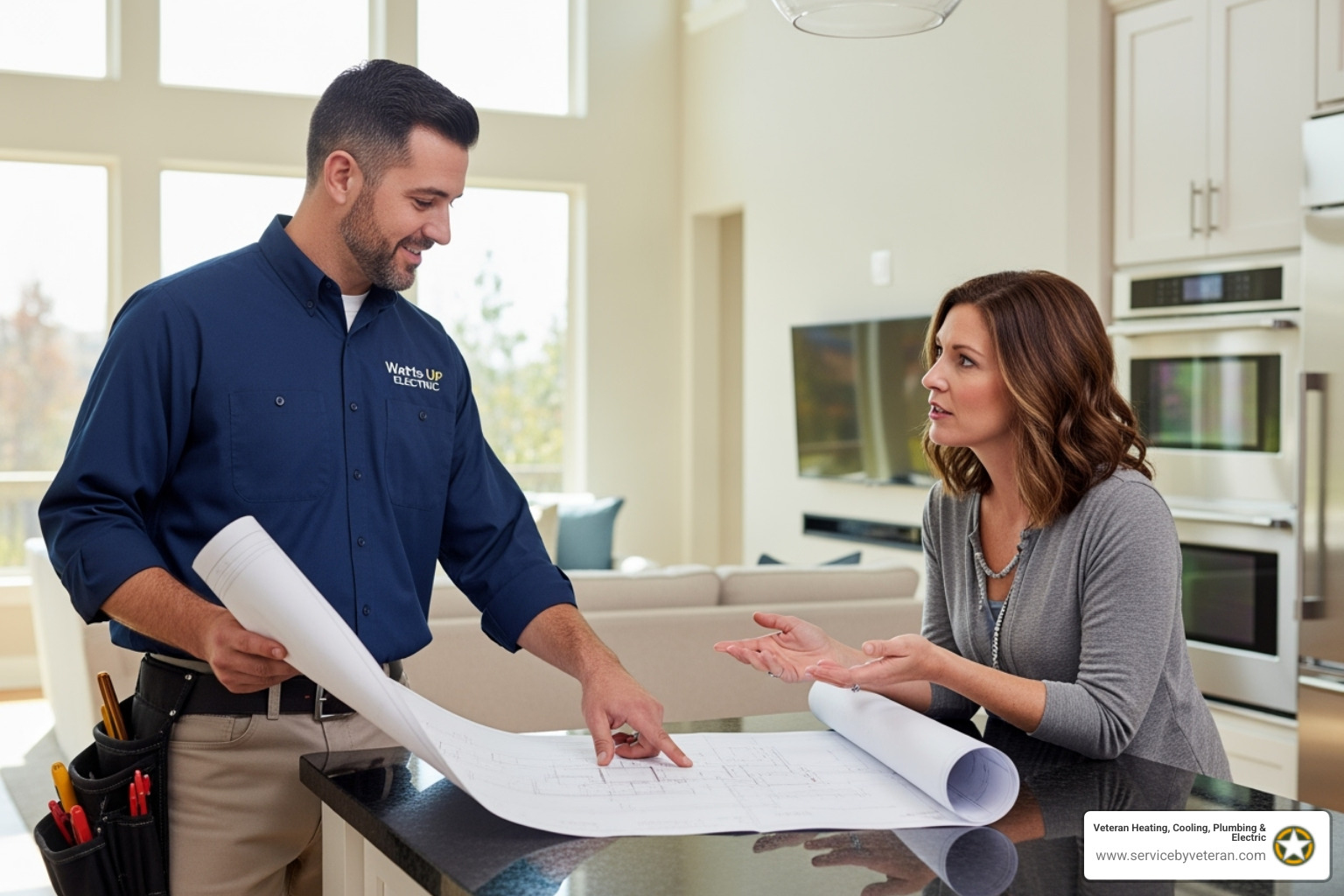 electricista revisando planos con un propietario - servicio de instalación eléctrica