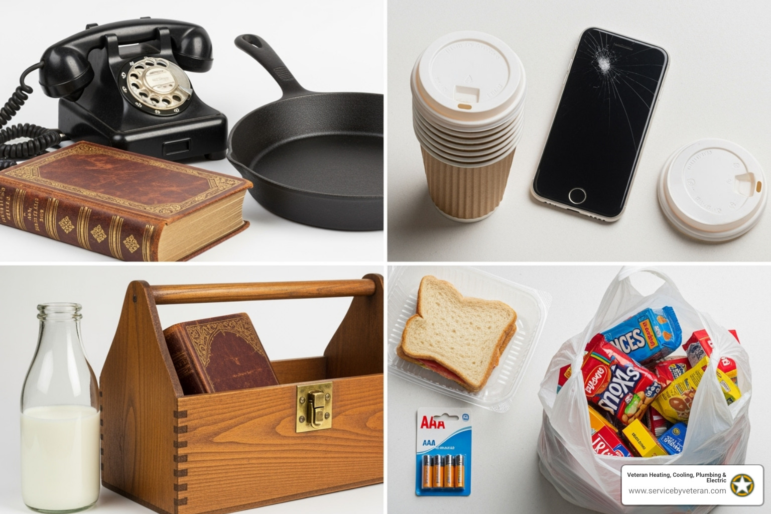 Collage que muestra productos antiguos y duraderos (como un teléfono de disco) y productos modernos y desechables - centenario de la iluminación eléctrica