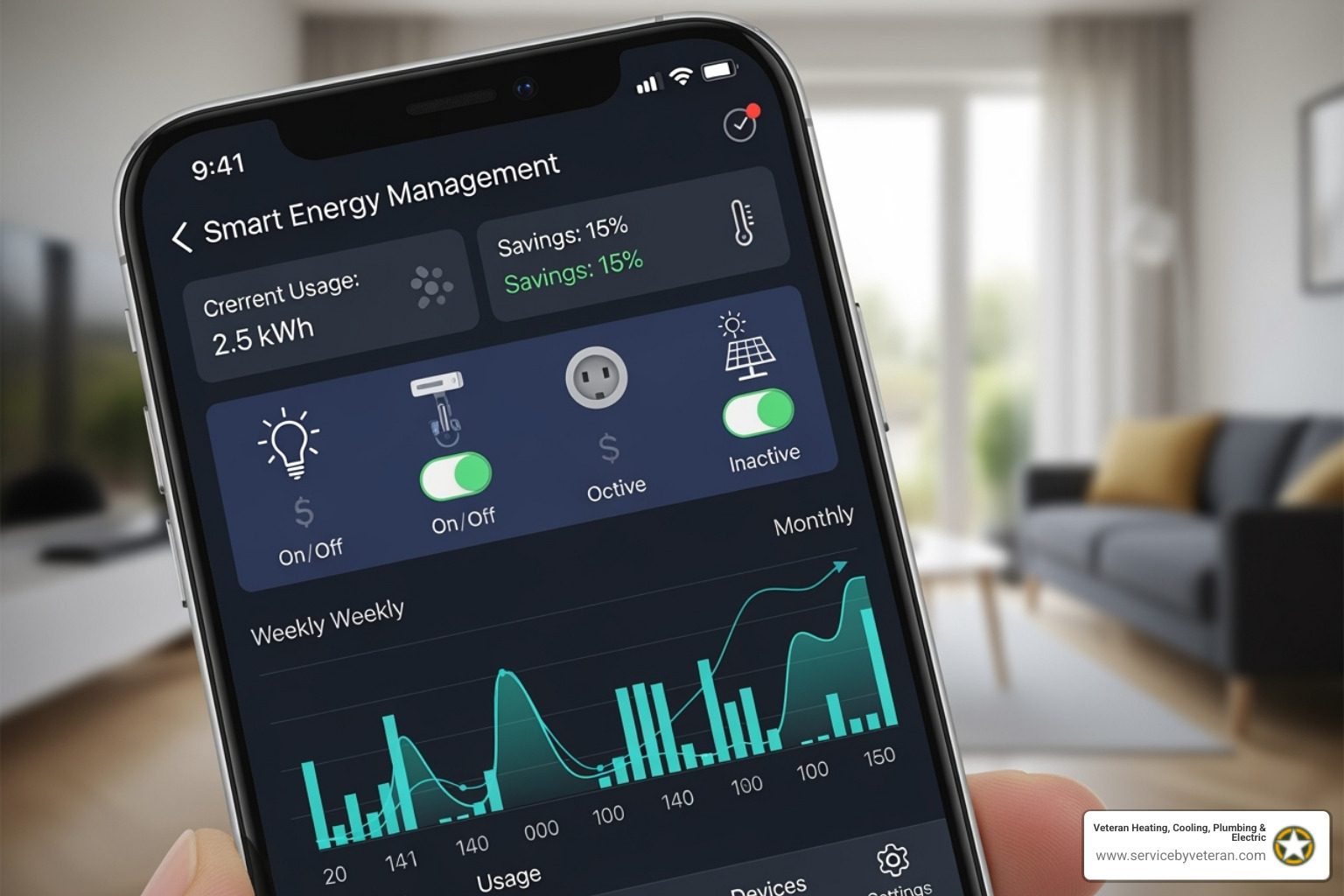 Interfaz de panel inteligente mostrada en la pantalla de un teléfono inteligente que muestra el uso de energía y el control de circuitos - contratista de panel eléctrico