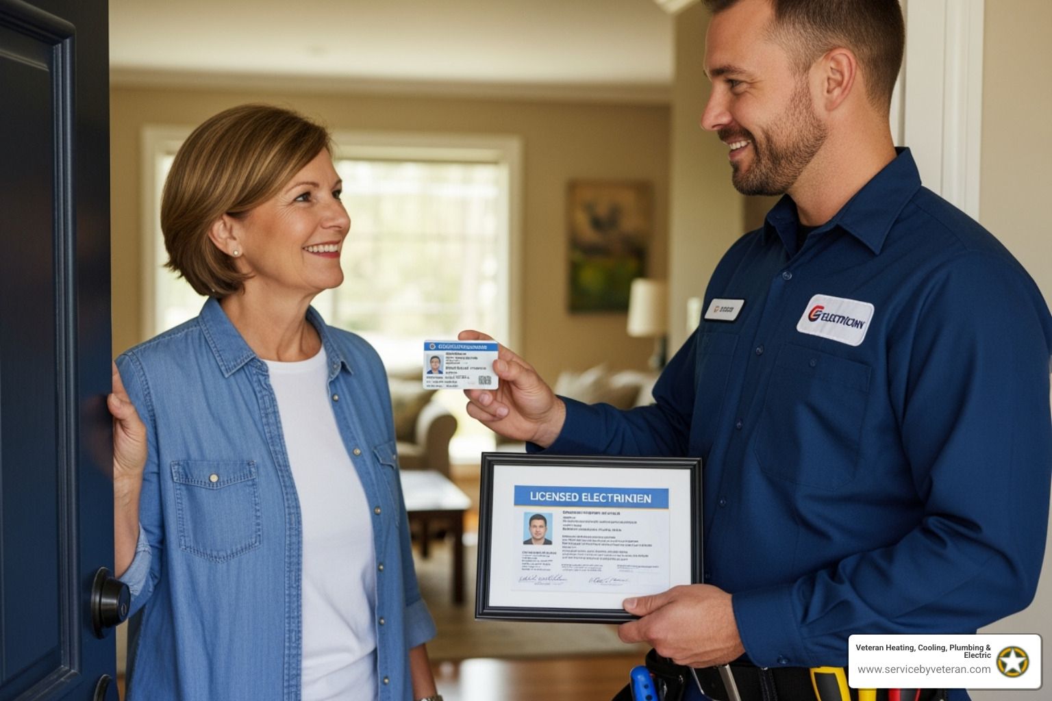 A licensed electrician in uniform showing their identification and credentials to a smiling homeowner - electrical panel contractor