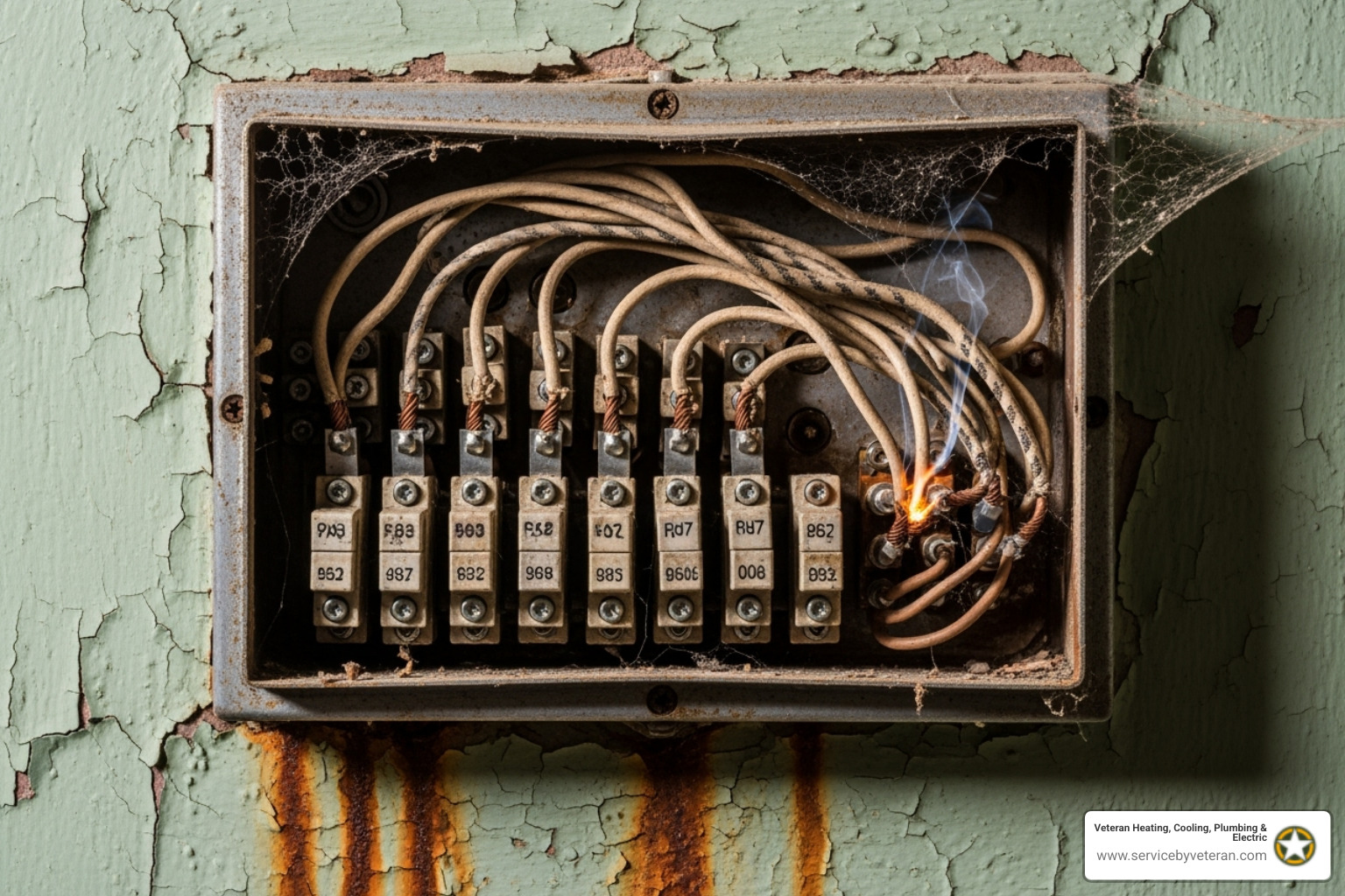 imagen de una antigua caja de fusibles con cableado expuesto, etiquetada como un panel eléctrico obsoleto - instalación del panel eléctrico