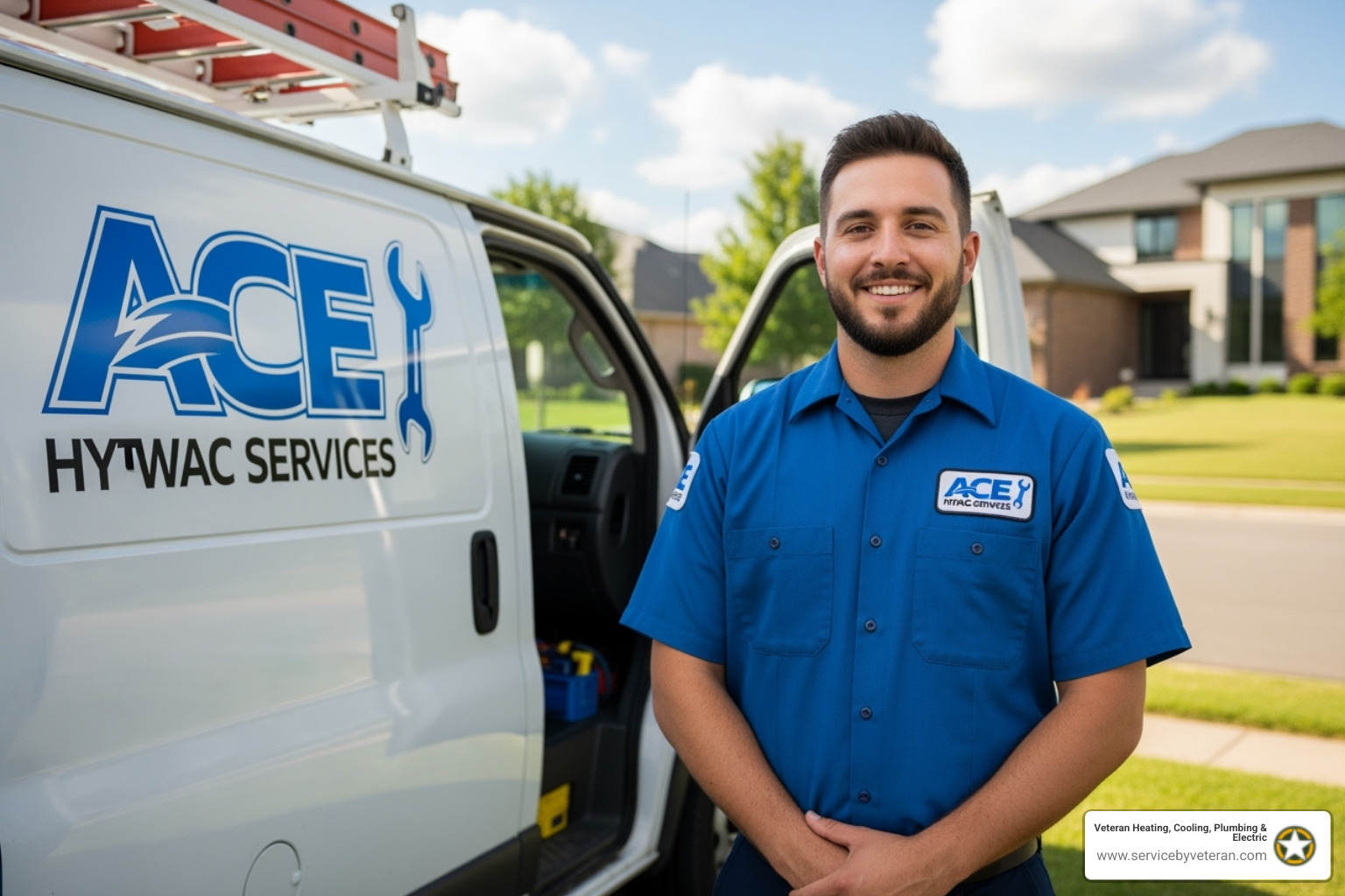Un técnico de HVAC amigable y profesional con una furgoneta, sonriendo y listo para ayudar - reparación de hornos en Lakewood