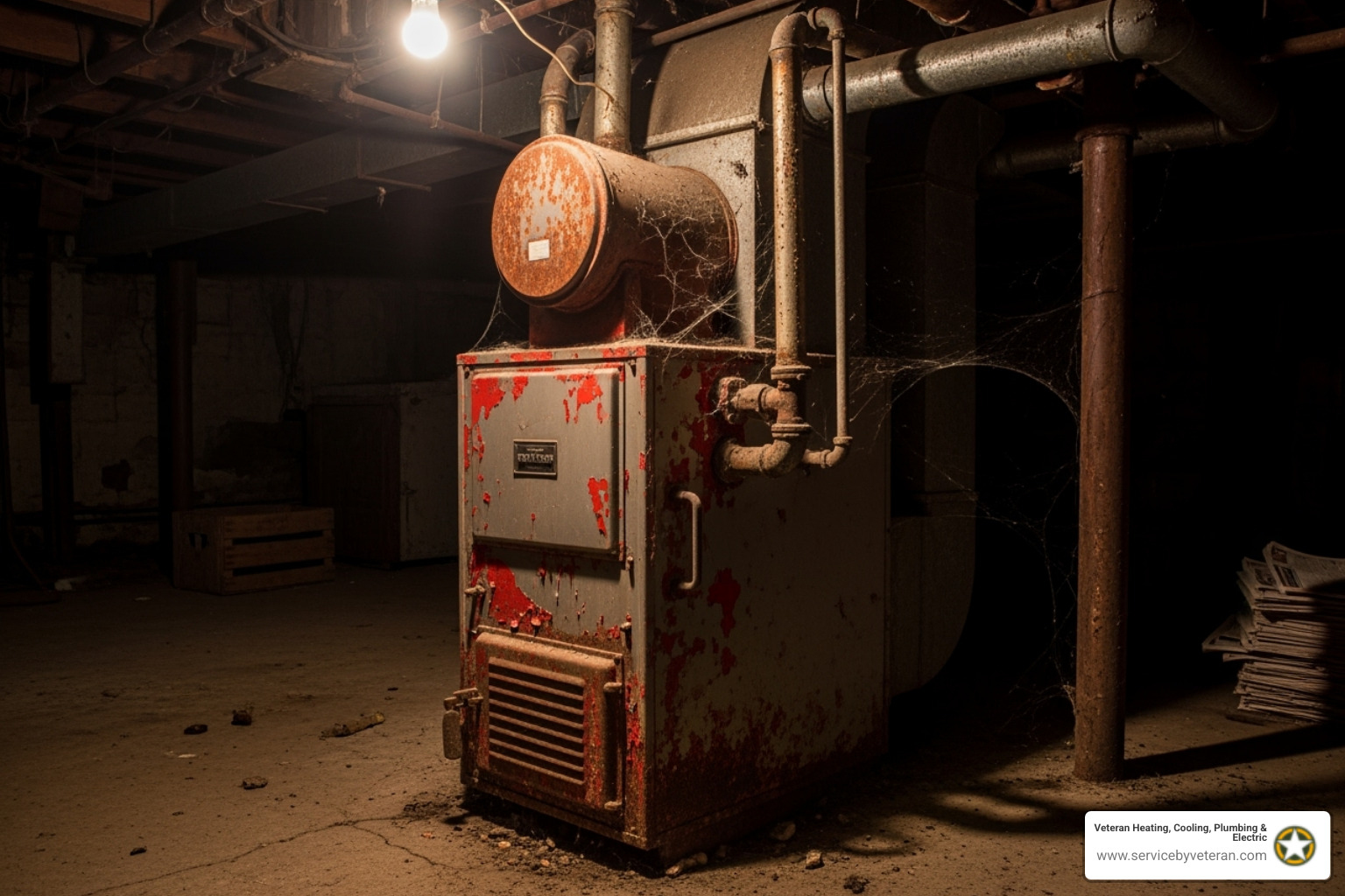 una unidad de horno vieja y oxidada en un sótano - reemplazo de horno