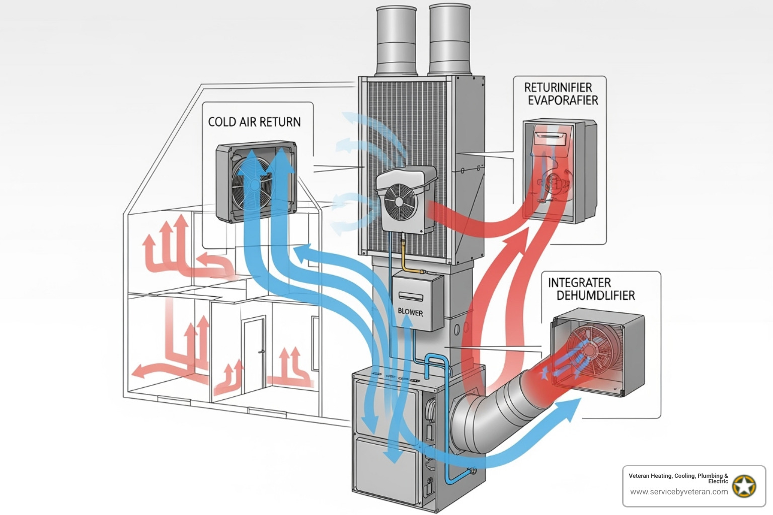 diagrama que muestra el aire fluyendo a través de un sistema HVAC con un humidificador o deshumidificador integrado - control de humedad