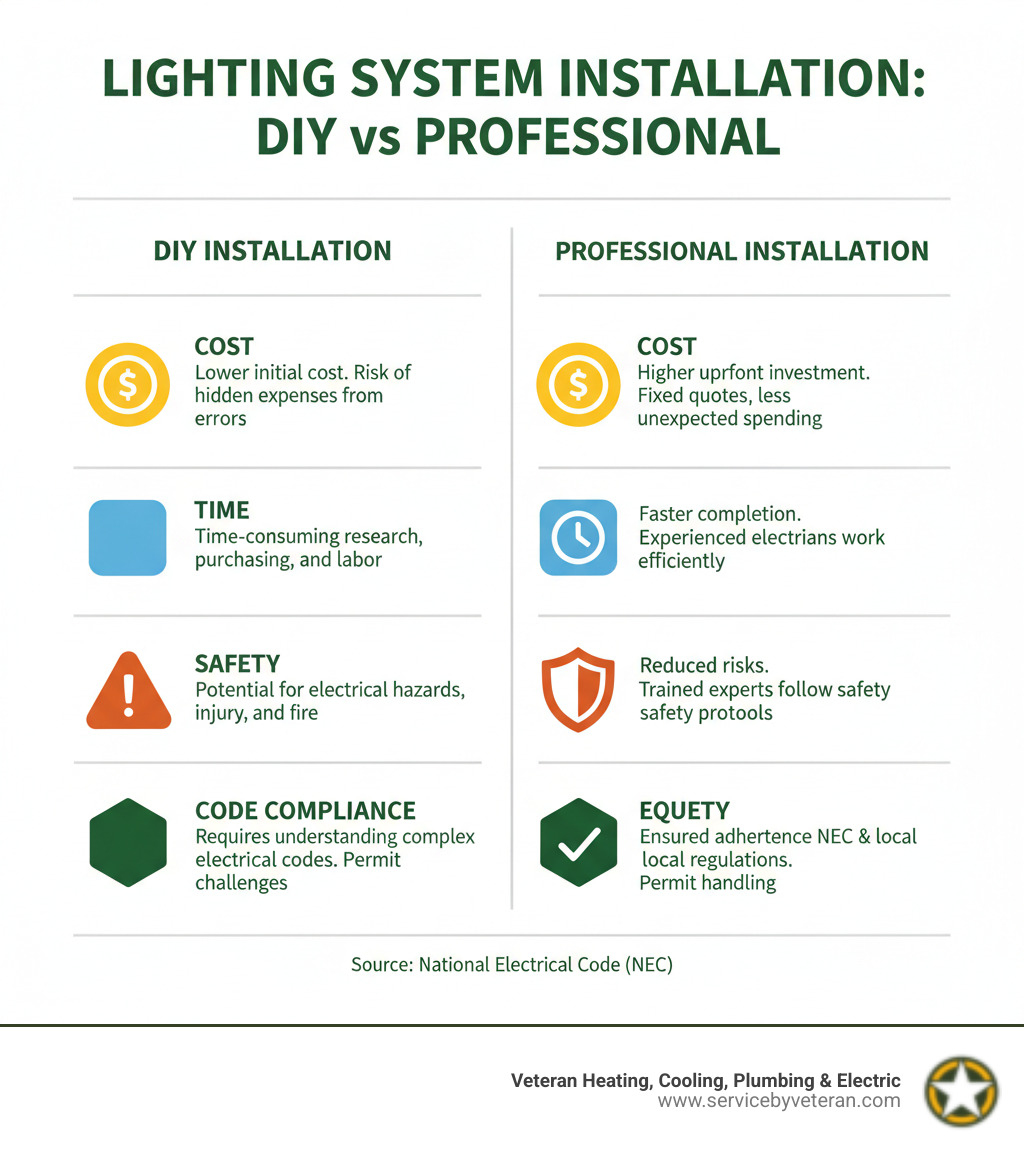Infographic comparing DIY vs Professional Installation in terms of Cost, Time, Safety, and Code Compliance - lighting system installation infographic 