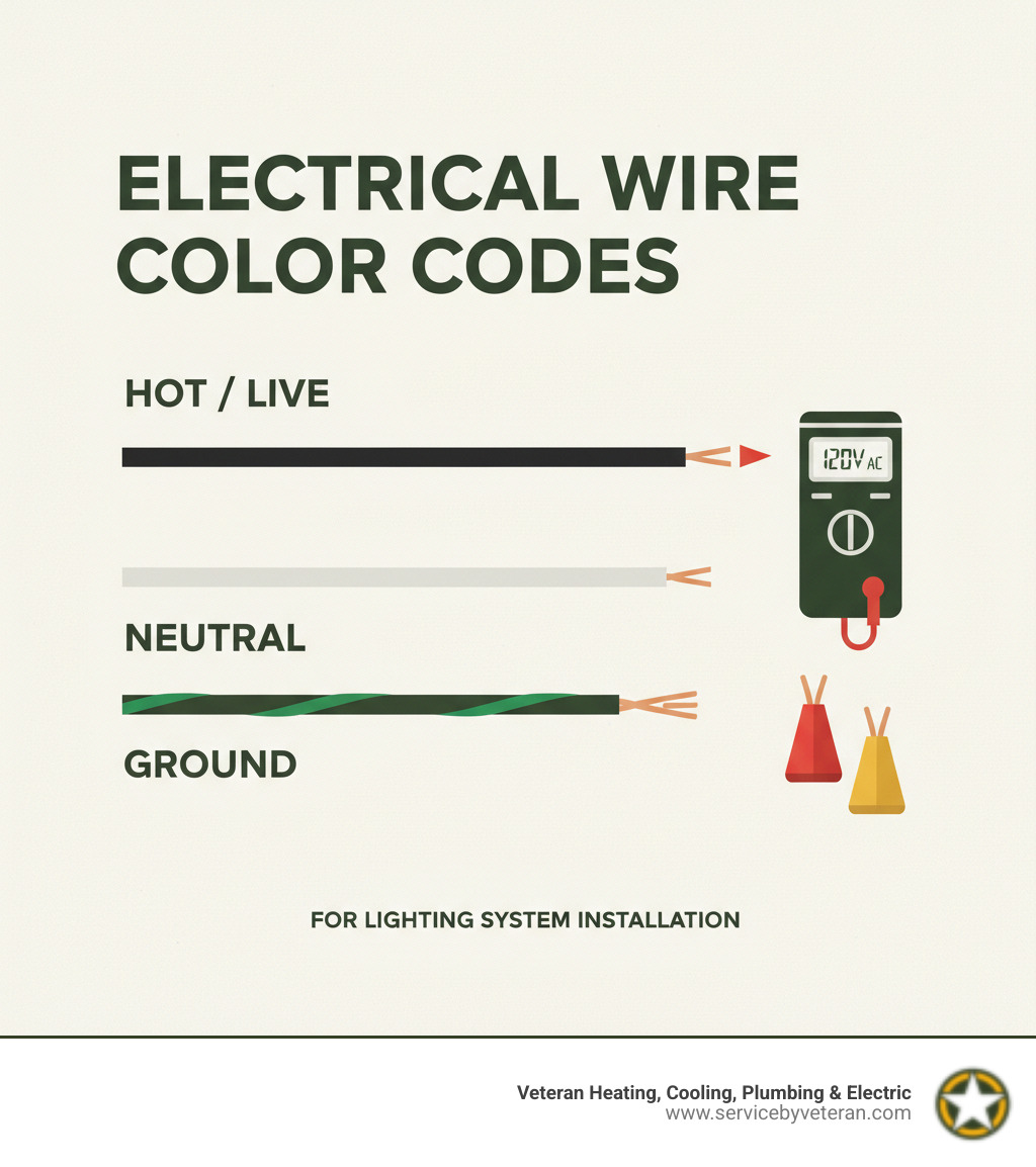 Infografía que muestra los códigos de color de los cables eléctricos estándar: cable negro etiquetado como Caliente/Vivo, cable blanco etiquetado como Neutro, cable verde o de cobre desnudo etiquetado como Tierra, con un probador de voltaje y tuercas de cable ilustradas - infografía de instalación del sistema de iluminación