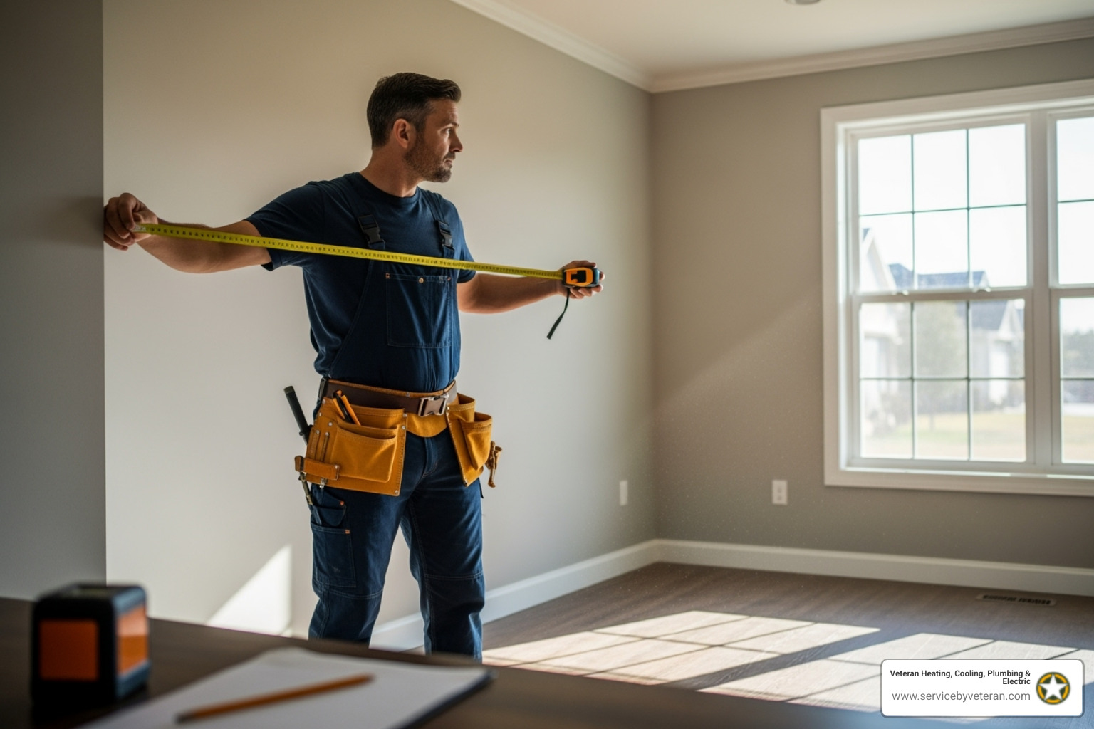 un contratista midiendo una habitación y evaluando ventanas - contratista de mini split