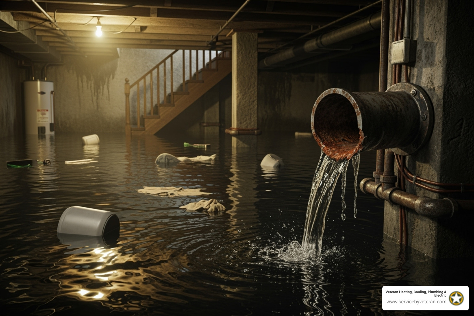 Sótano inundado con una tubería rota visible - reparación de plomería en Lakewood