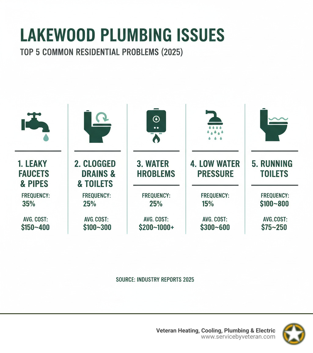 Infografía que muestra los 5 problemas de plomería residencial más comunes: grifos y tuberías con fugas, desagües y inodoros obstruidos, problemas con calentadores de agua, baja presión de agua y inodoros que funcionan continuamente, con porcentajes de frecuencia y costos promedio de reparación para cada uno - infografía de reparación de plomería en Lakewood