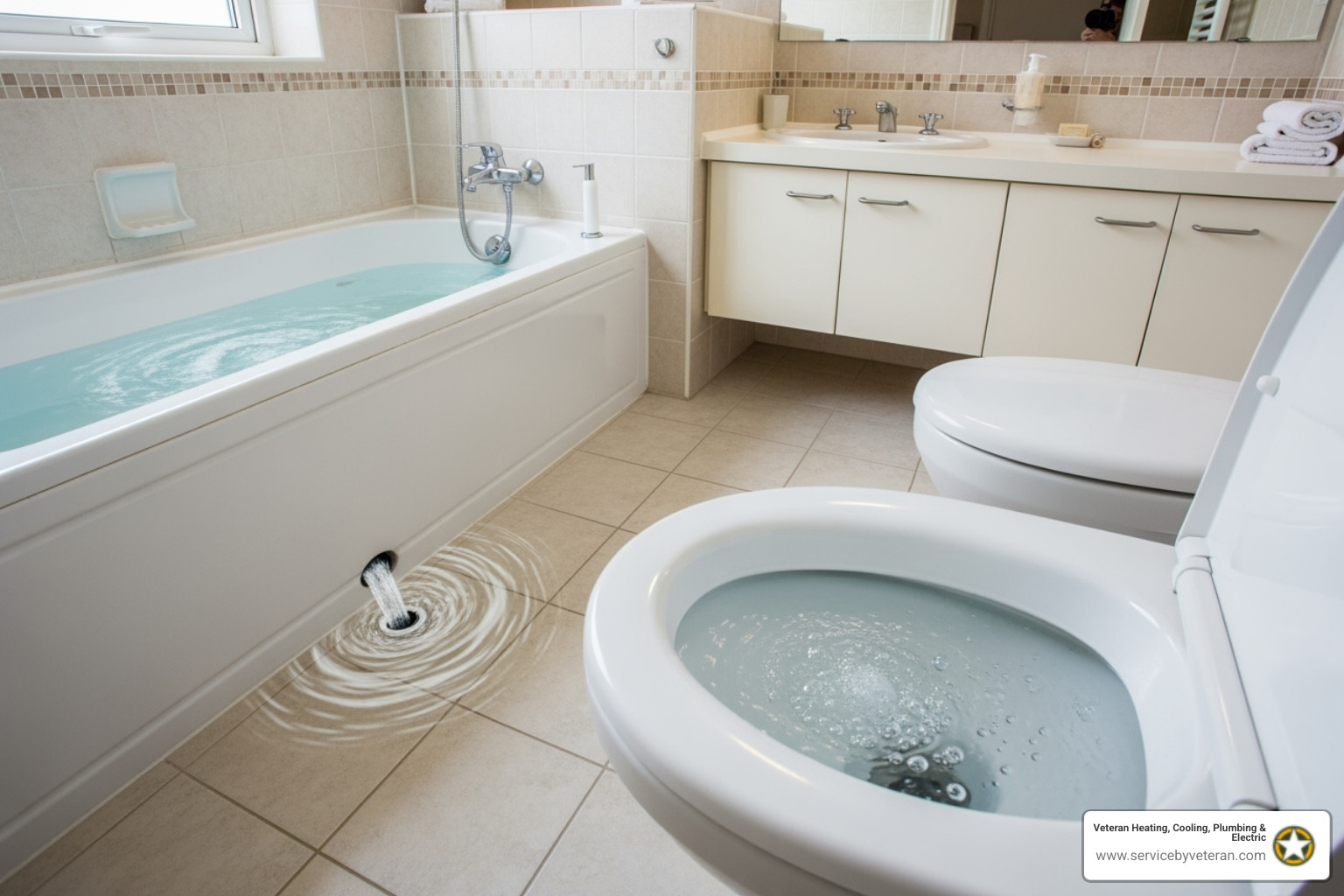 ilustrando una bañera de drenaje lento y un inodoro burbujeante - servicio de reparación de alcantarillado